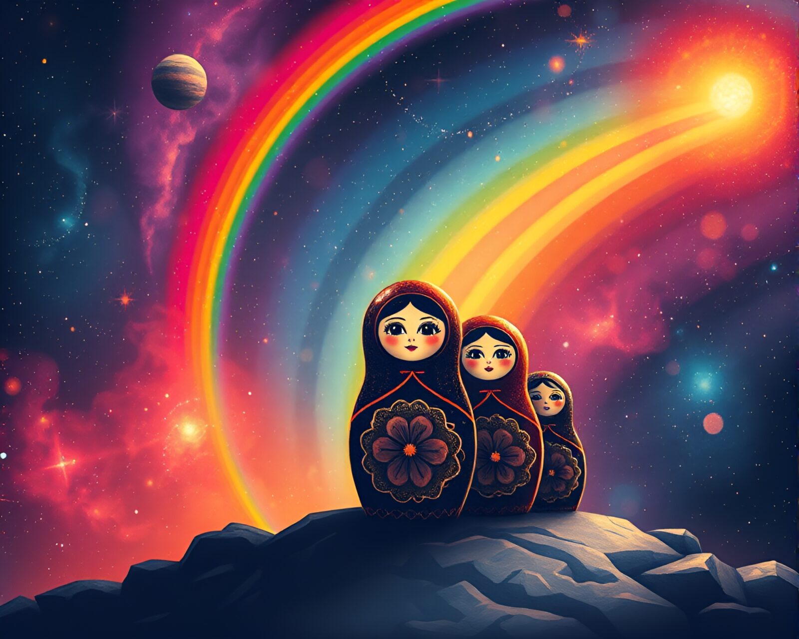 Colorful steampunk doll floating in vibrant rainbow galaxy.