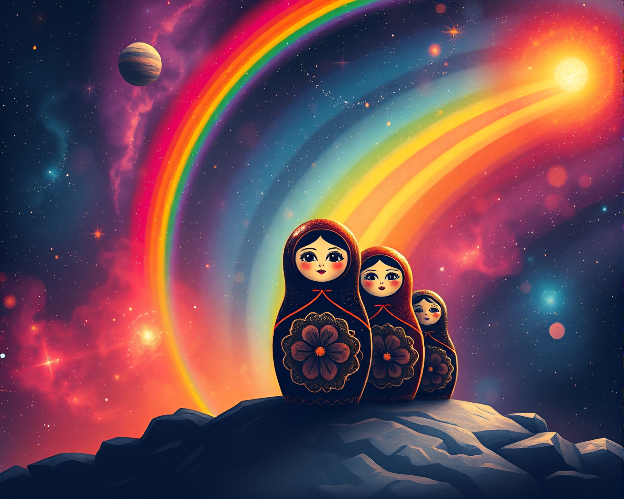 Steampunk Matryoshka Doll in Cosmic Rainbow Negative Space – free AI stock image