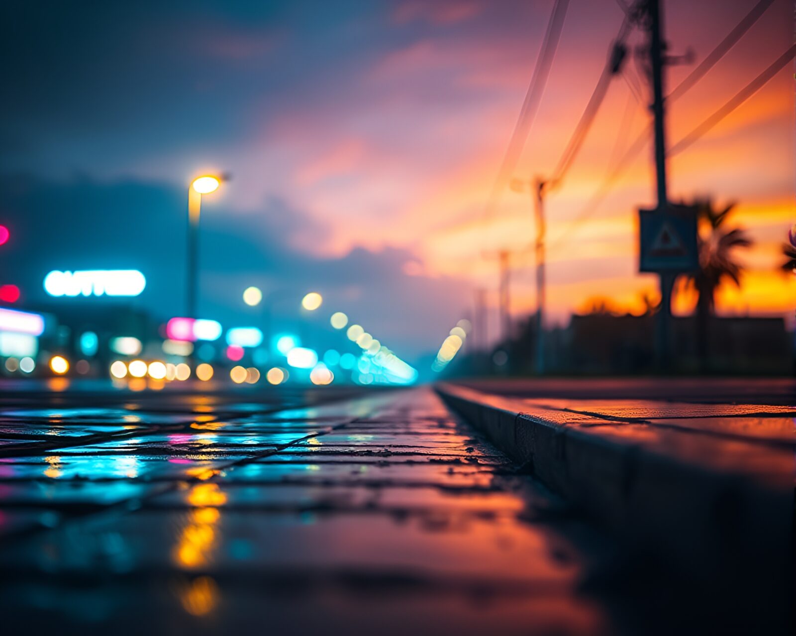 Fractal glowing sunset reflected on rain-soaked city street