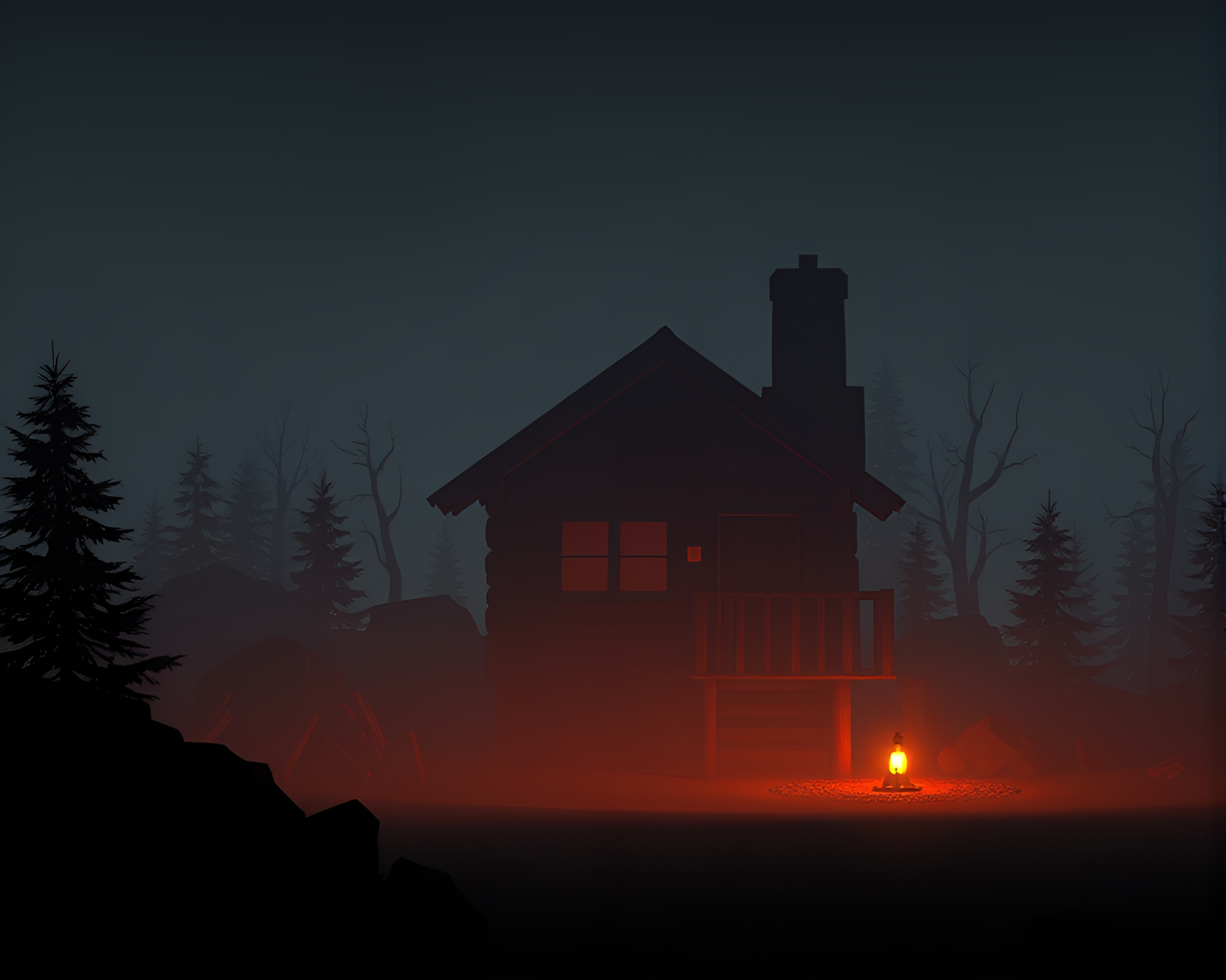 Rustic Cabin Silhouette in Gloom: Low-Poly 3D Fantasy – free AI stock image