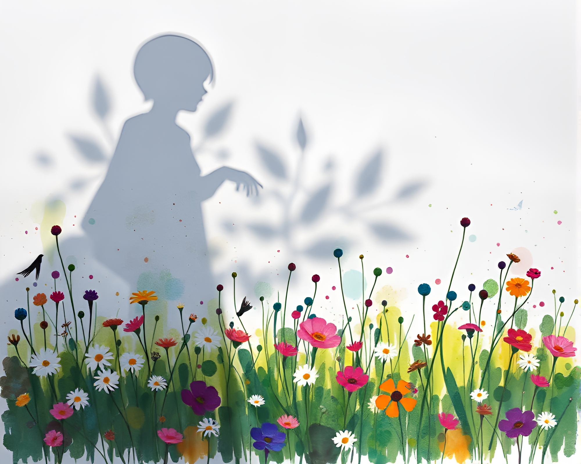 Silhouette of Blooming Meadow in Watercolor Shadow – free AI stock image
