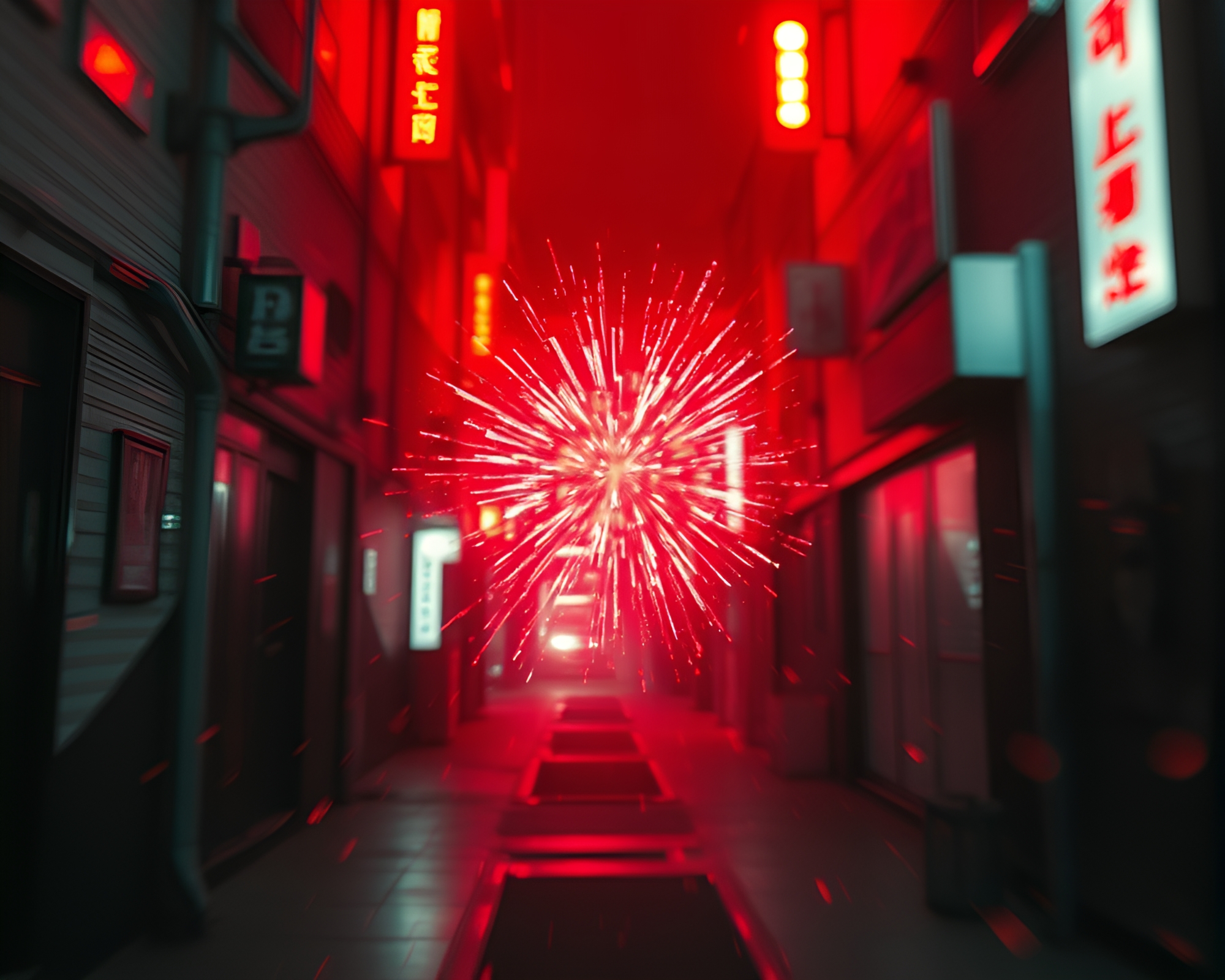 Cyberpunk alley explosion cloud bokeh – free AI stock image