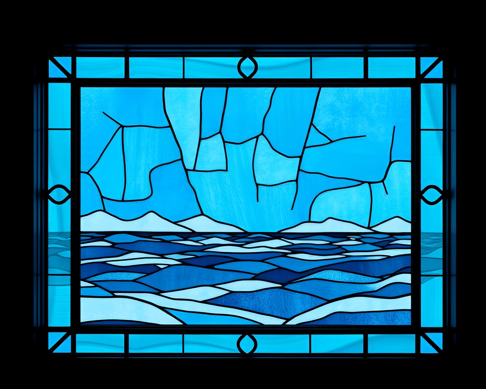 Sea plane in stained glass frame against icy blue backdrop