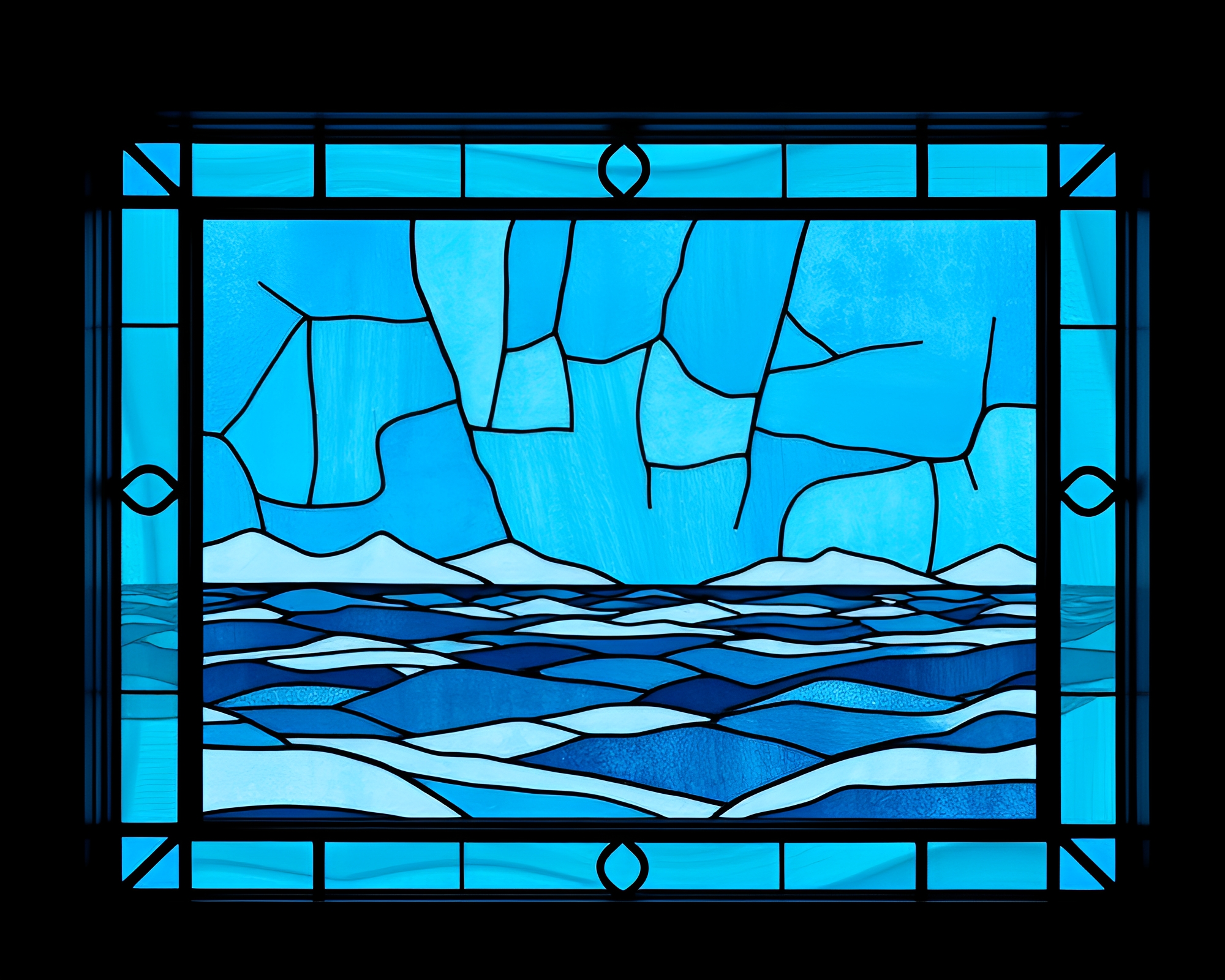 Arctic Blue Stained Glass Sea Plane Composition – free AI stock image