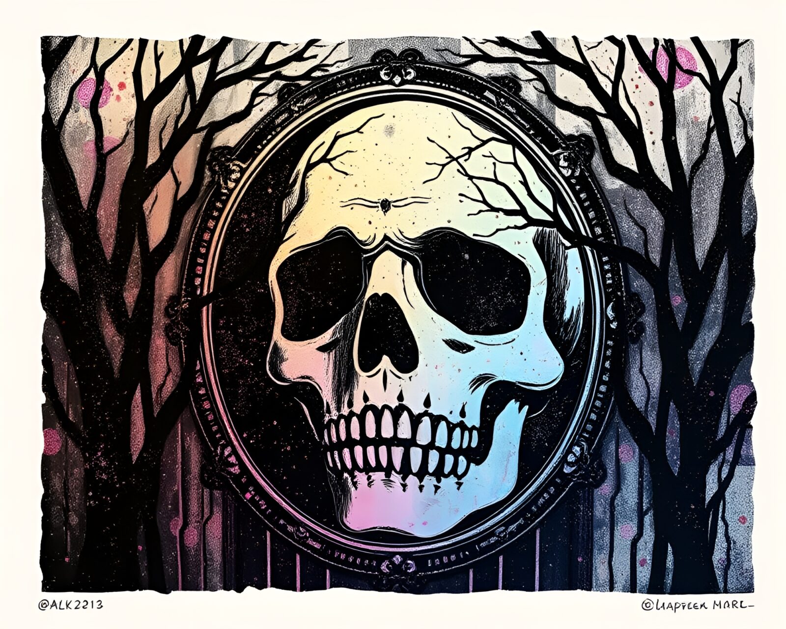 Abstract linocut print of a ghostly mirrored reflection
