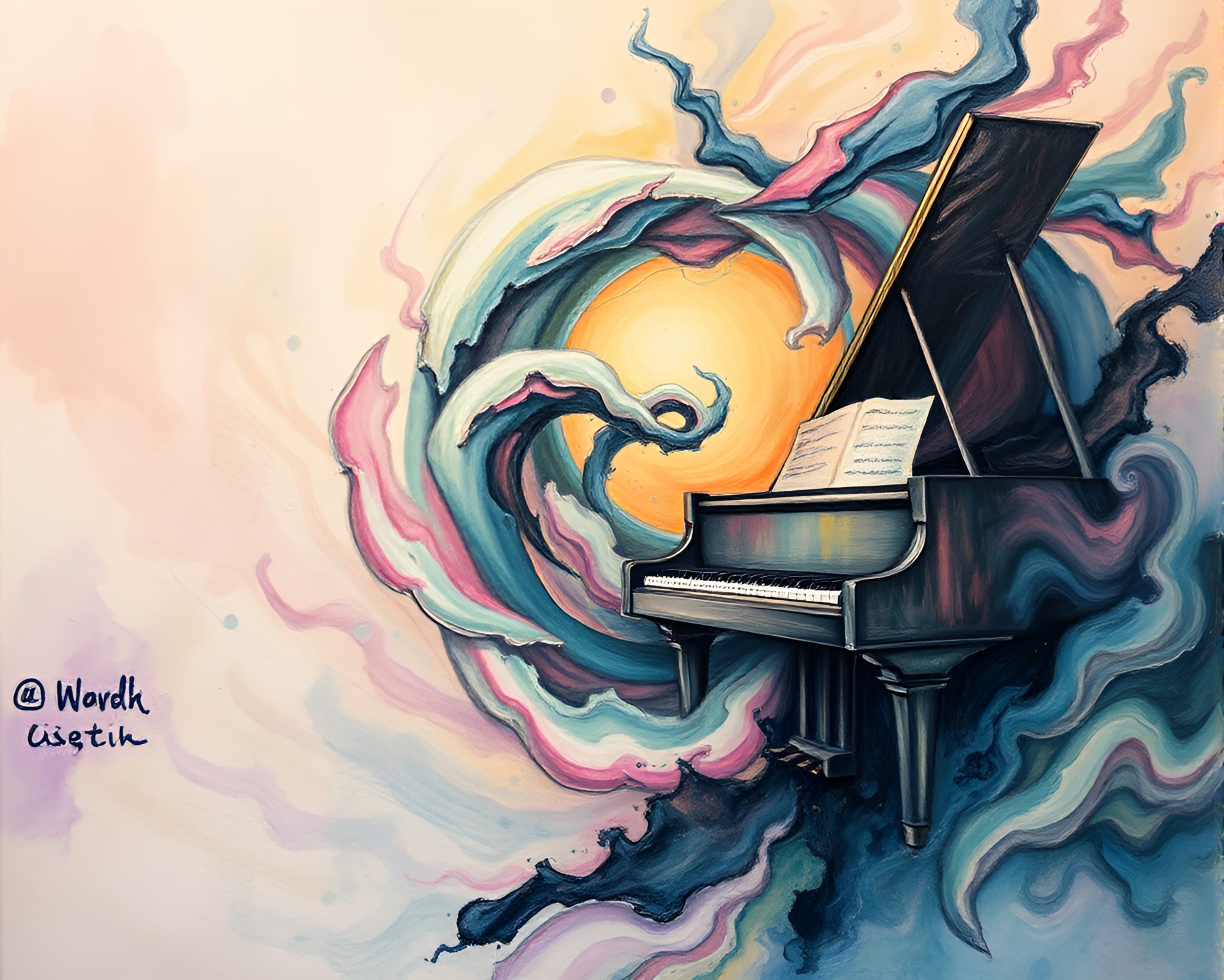 Twisting Vortex Piano in Acid Wash Hatching Style – free AI stock image