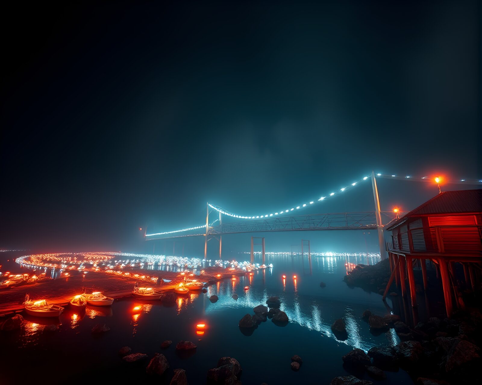 Embers floating over a wooden bridge under club strobe lights