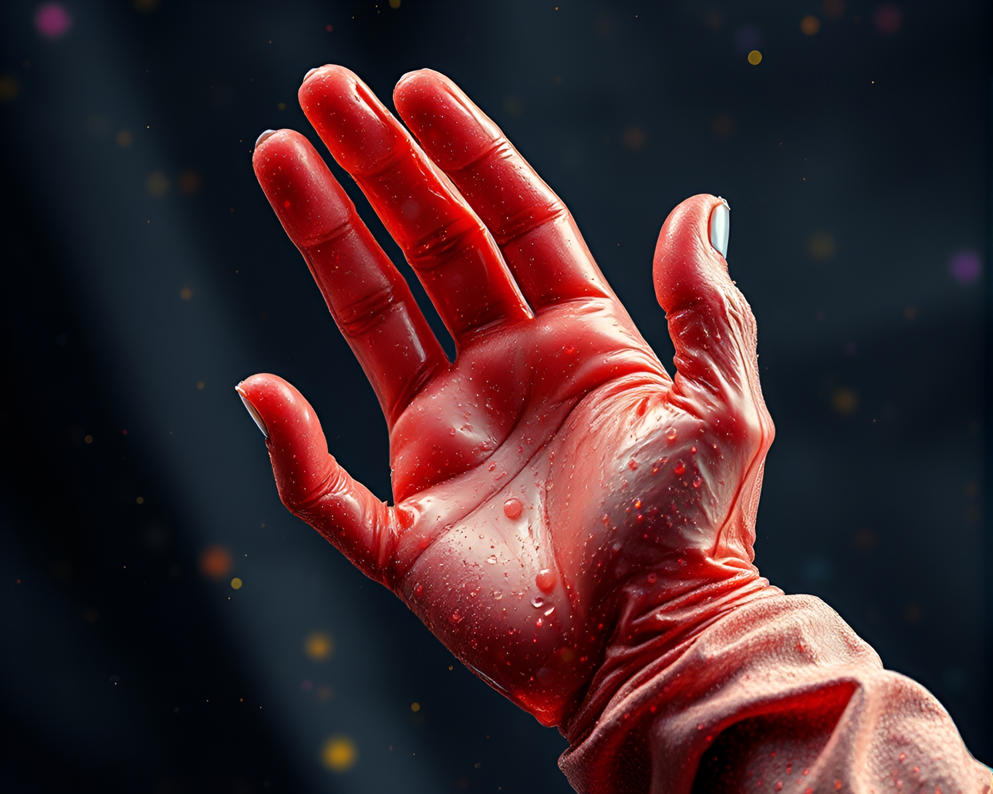 Cybernetic hand in vibrant acrylic spatters – free AI stock image