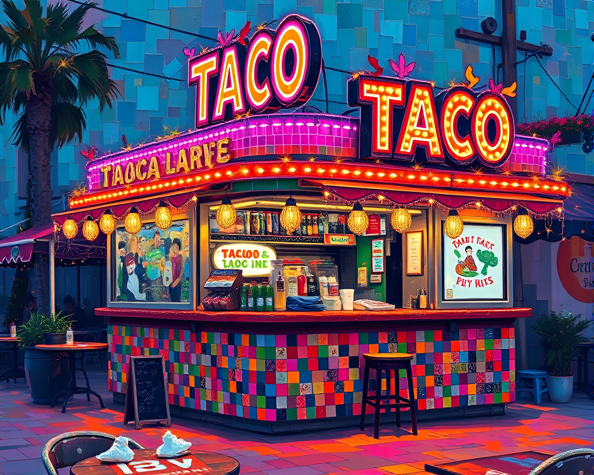Vibrant Taco Stand Neon Expressionist Mosaic Masterpiece – free AI stock image