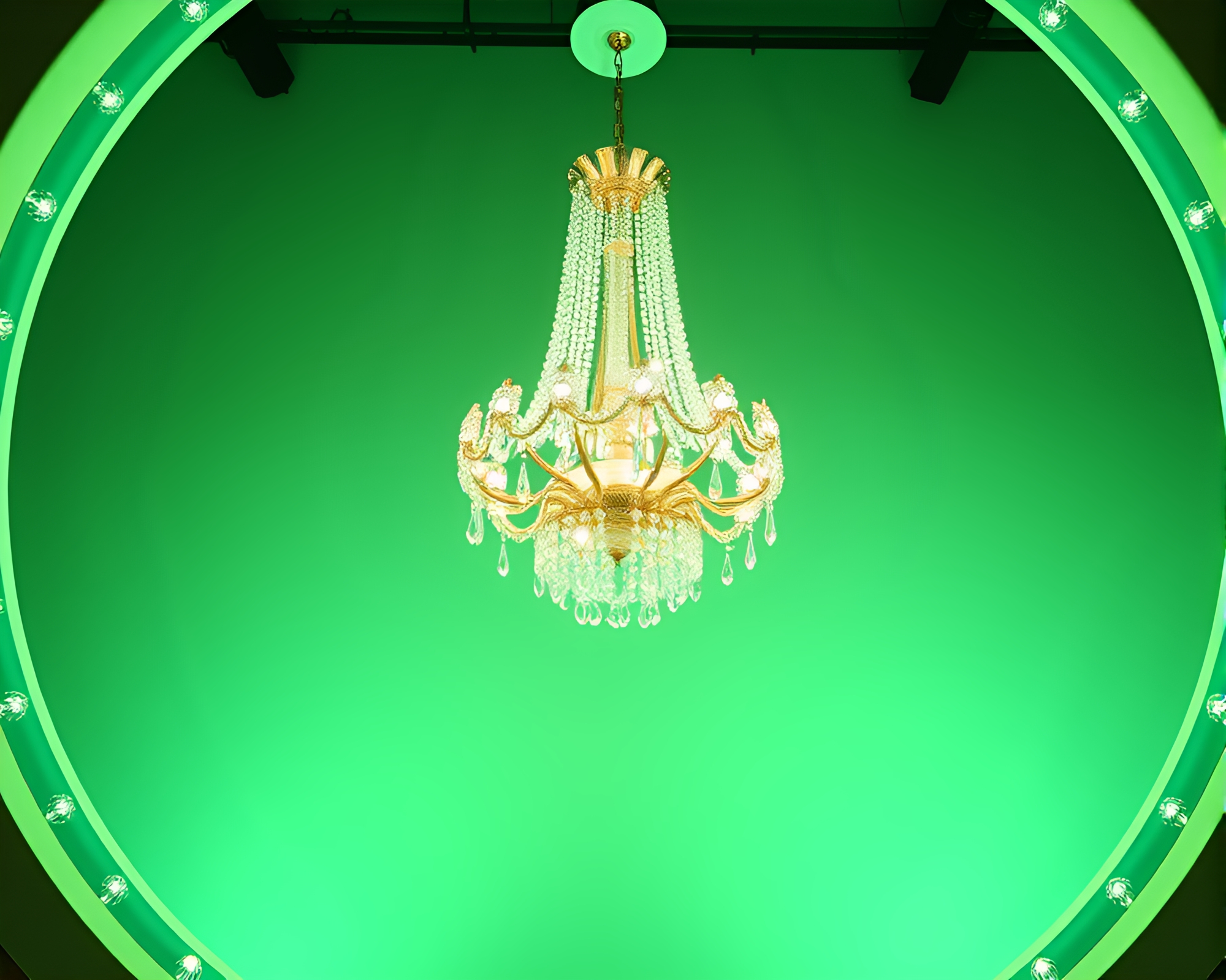 Elegant Mint Green Crystal Chandelier Spotlight Composition – free AI stock image
