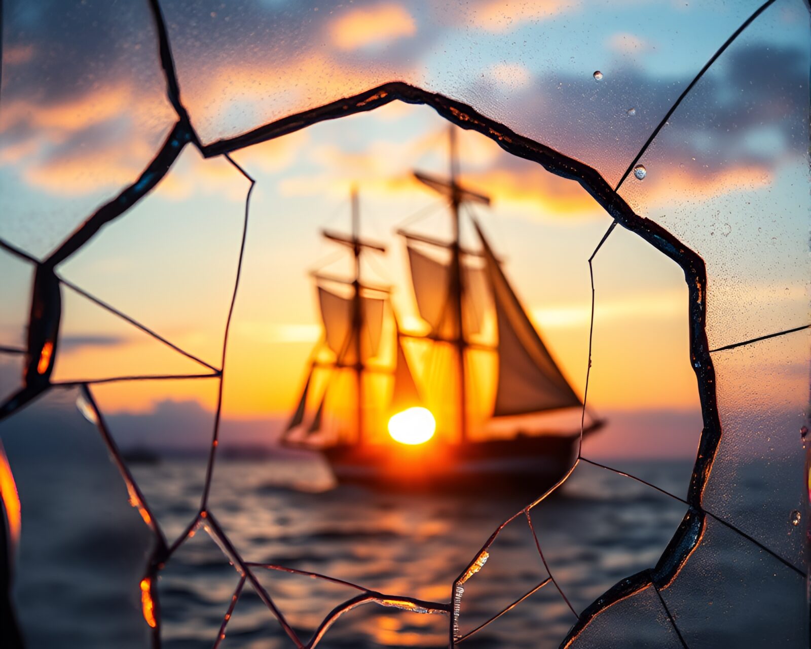 Macro photo of classic ship reflected in shattered glass
