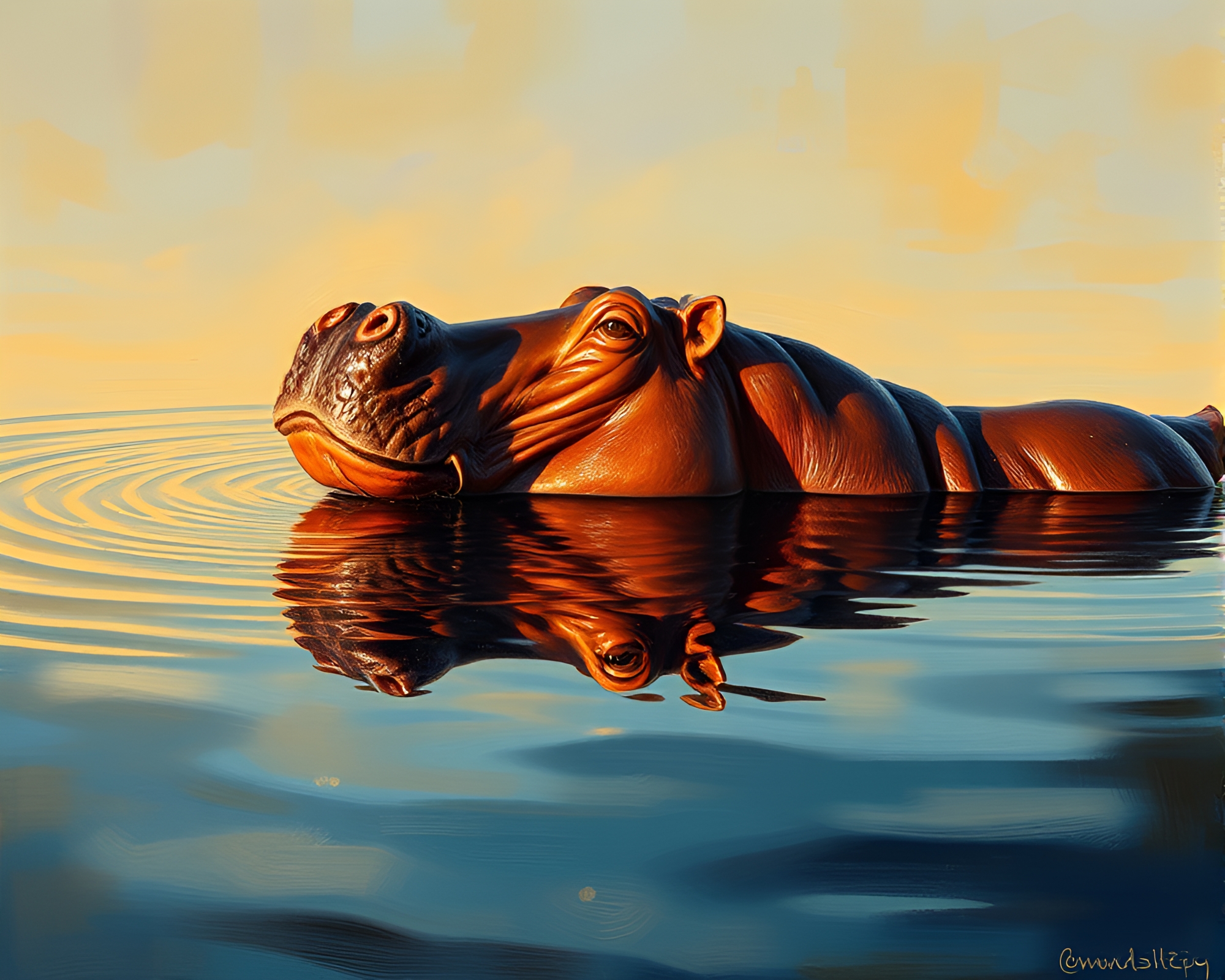 Hippopotamus in Afternoon Reflection – free AI stock image