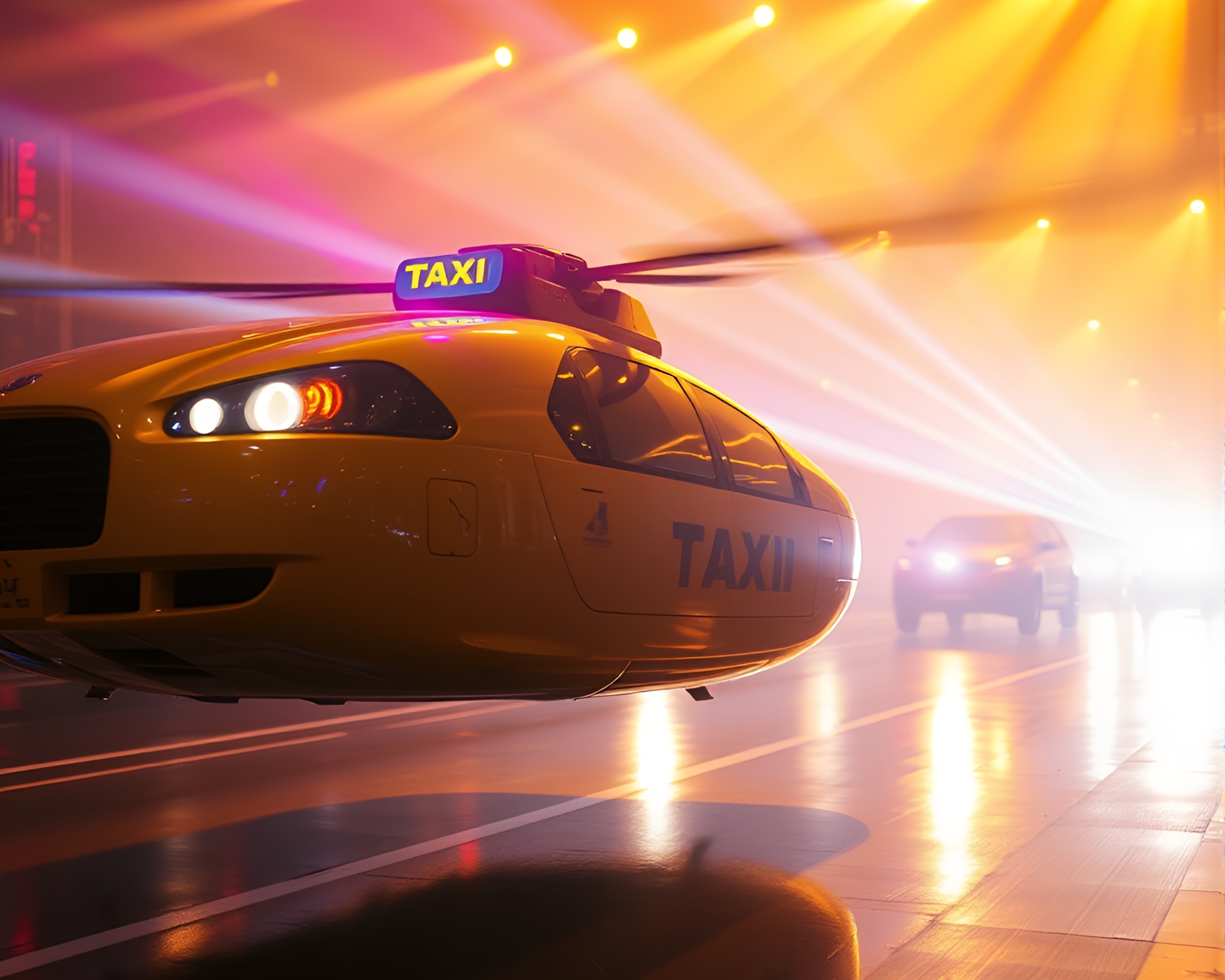 Futuristic Hover Taxi in Theatrical Laser Beam Show – free AI stock image