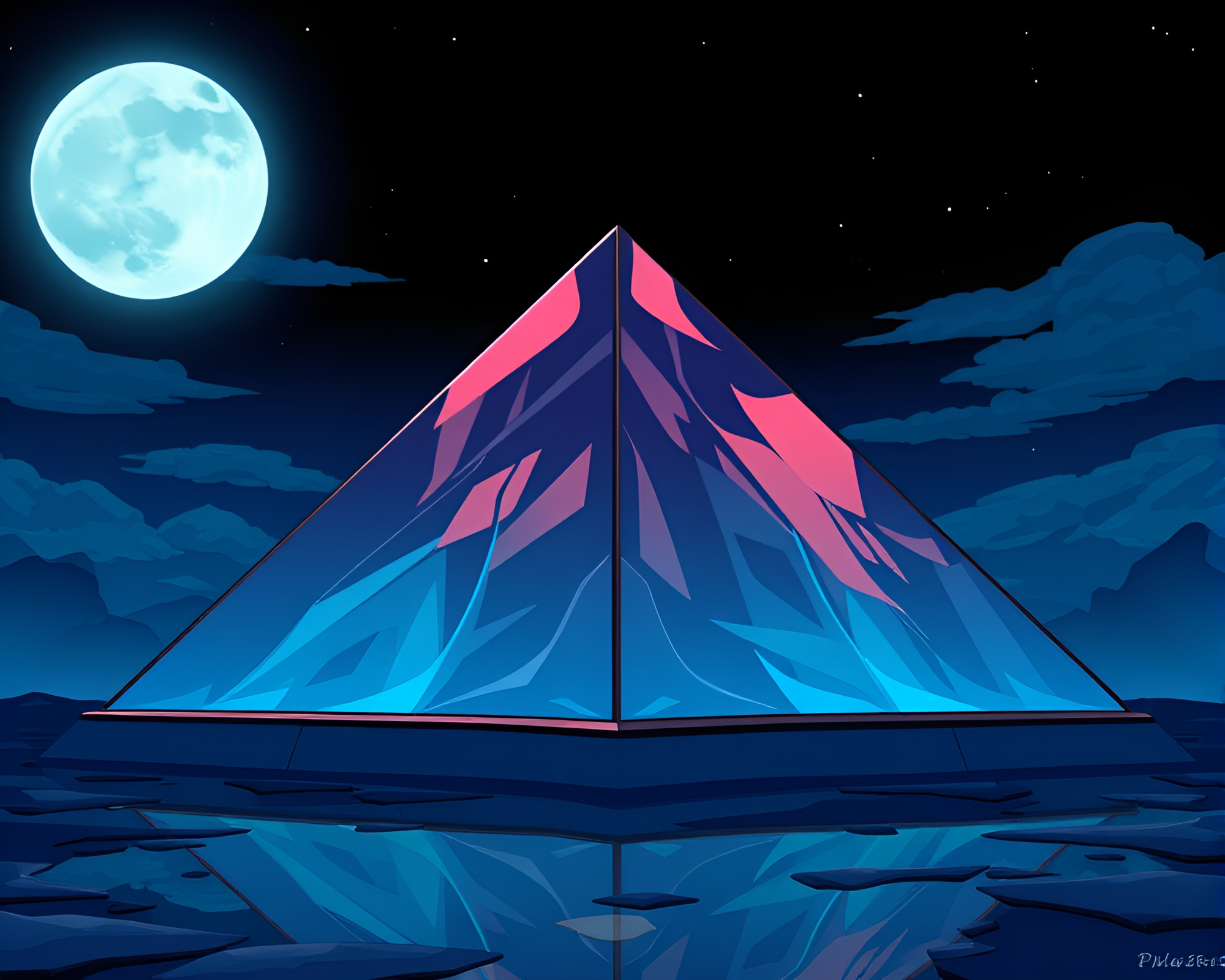 Moonlit Glass Pyramid Double Reflection Cartoon Illustration – free AI stock image
