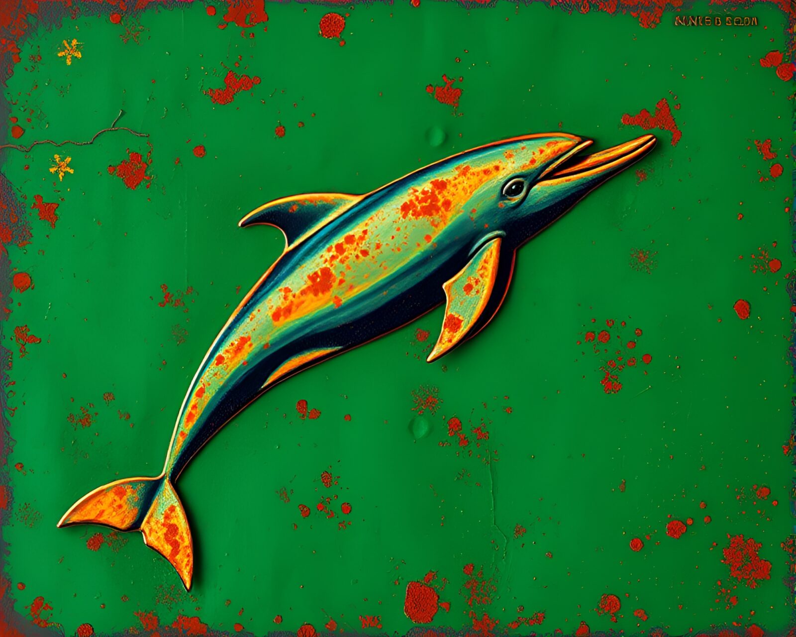 Engraved emerald green Amazon river dolphin in rusted scene