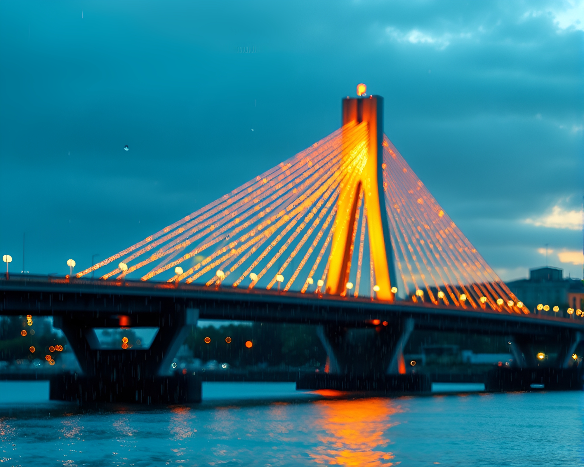 Rain Droplets Dance on Golden Glass Bridge – free AI stock image