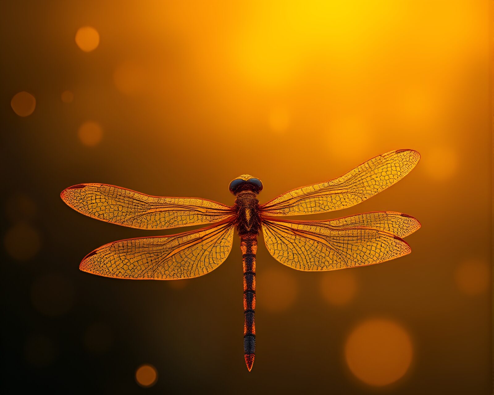Vibrant dragonfly-themed material design art with golden hour glow