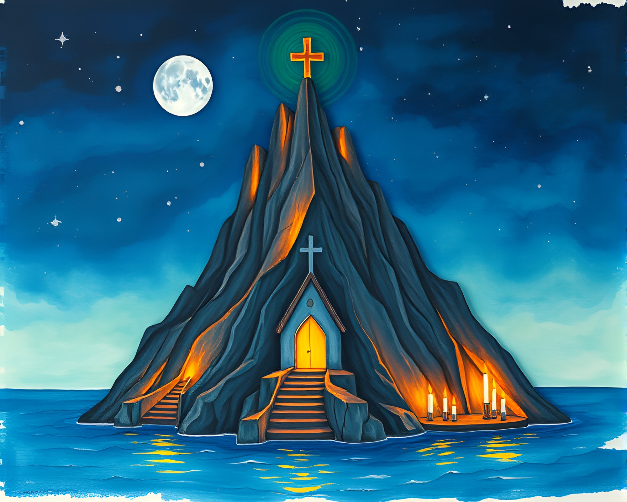 Torn Paper Reveals Volcanic Island Church in Candlelight – free AI stock image