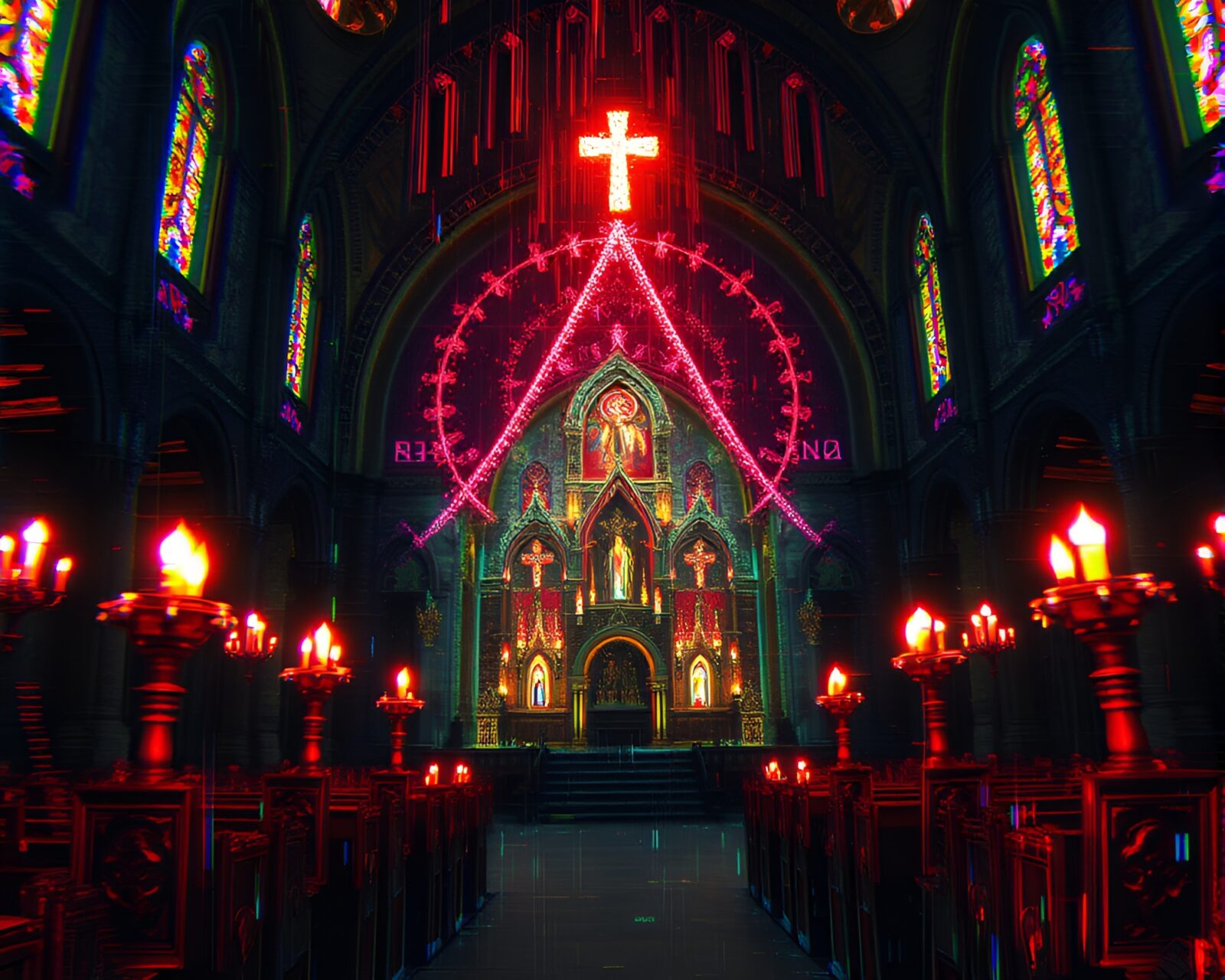 Eerie glitched cosmic horror church illuminated by candlelight.