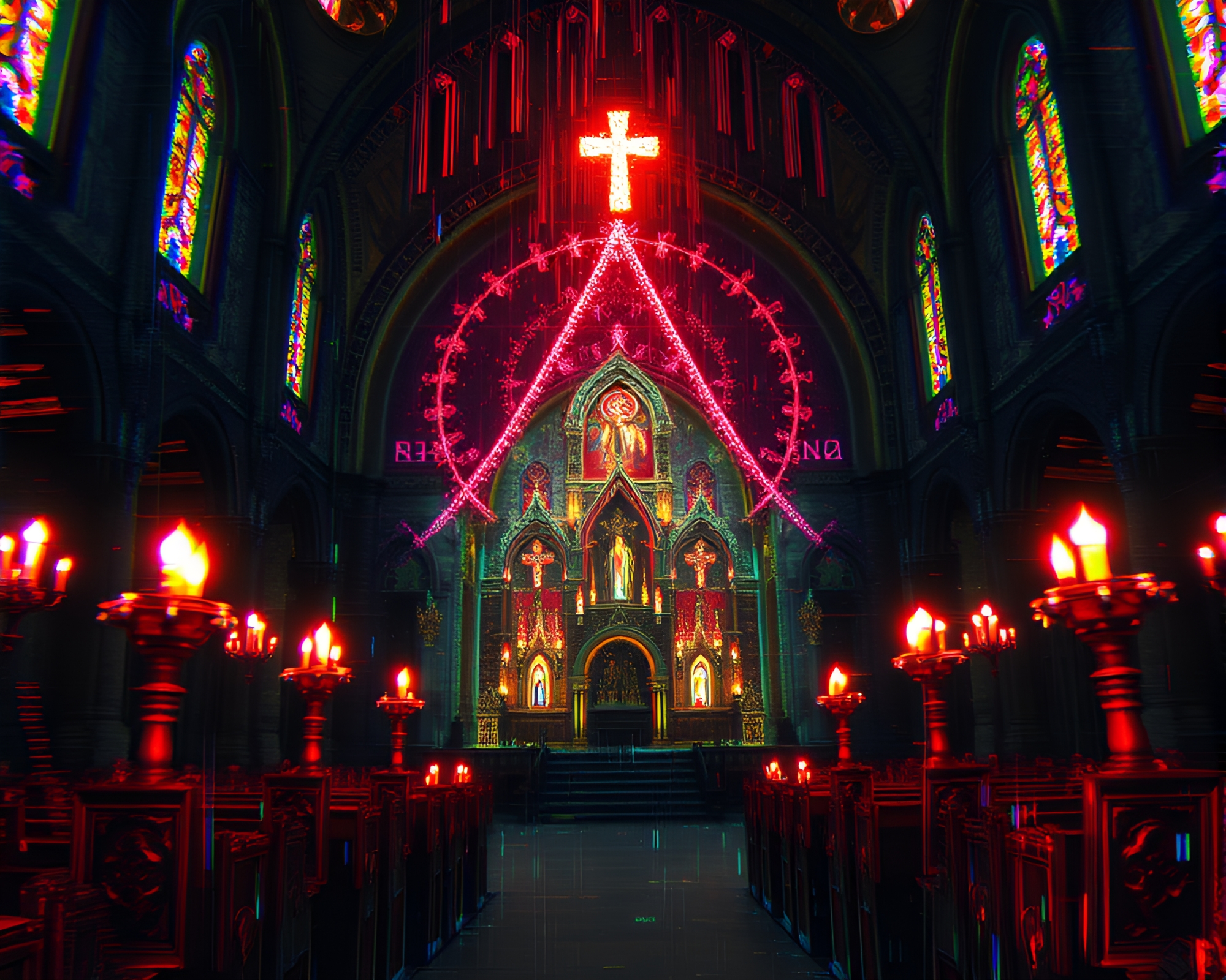 Cosmic Horror Church Glitch Art Candlelight Scene – free AI stock image