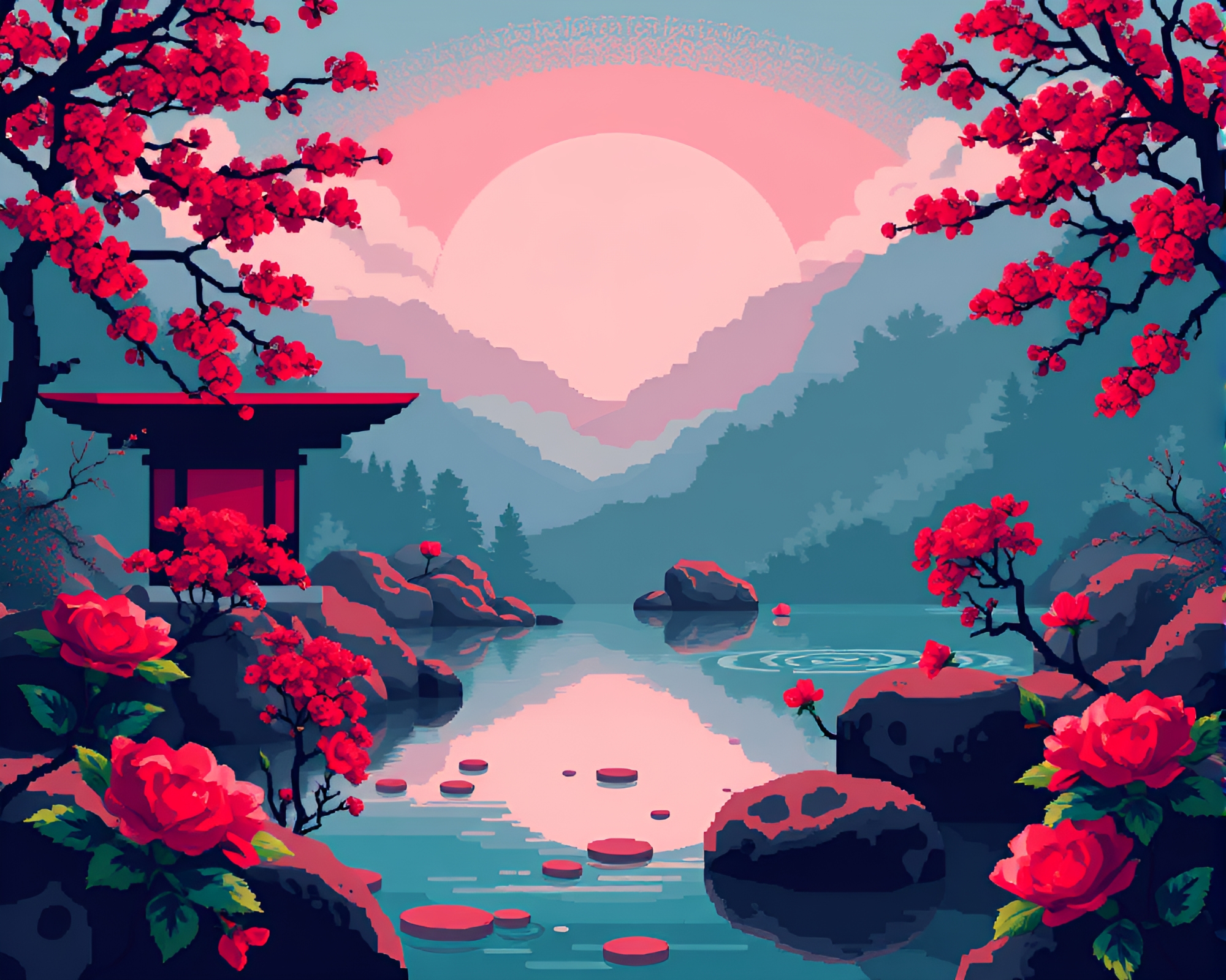 Scarlet Hot Spring Pixel Art Scene – free AI stock image