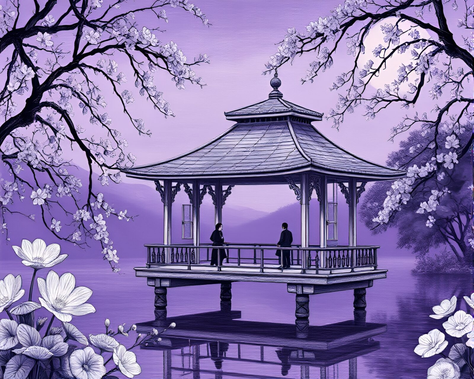 Engraved details in floating pavilion with twilight-purple tones