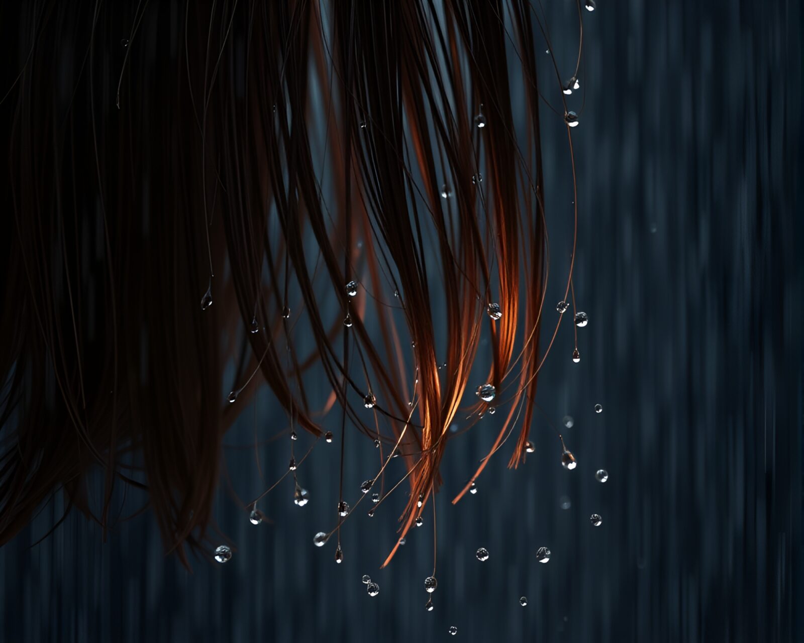 Moody image of a rain-covered monolith with realistic hair simulation