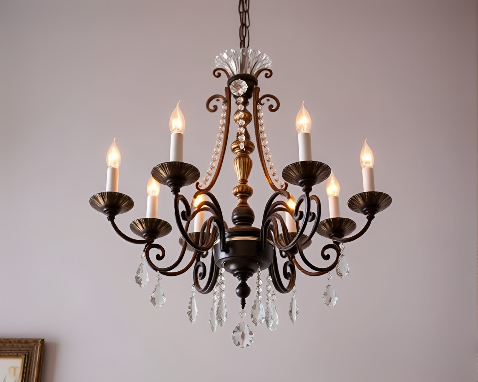 Medium shot of a Victorian chandelier in soft lighting