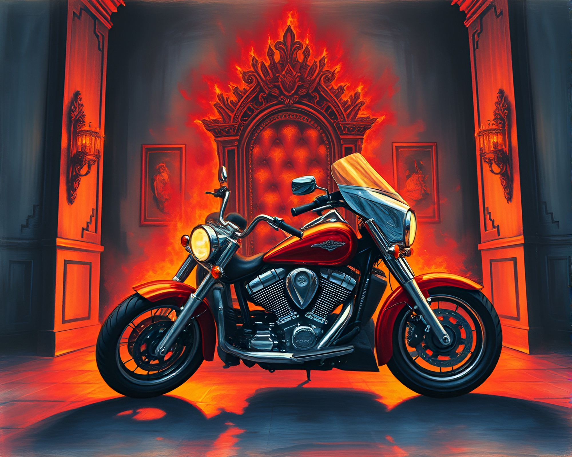 Vintage Motorcycle Throne Room with Film Burn Effects – free AI stock image