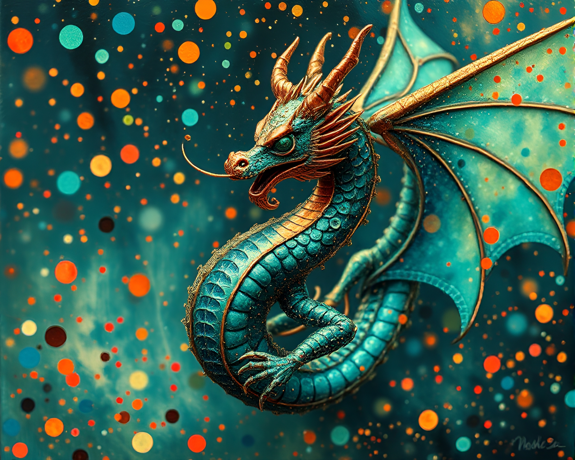 Verdigris Dragon Dancing in Confetti Burst – free AI stock image