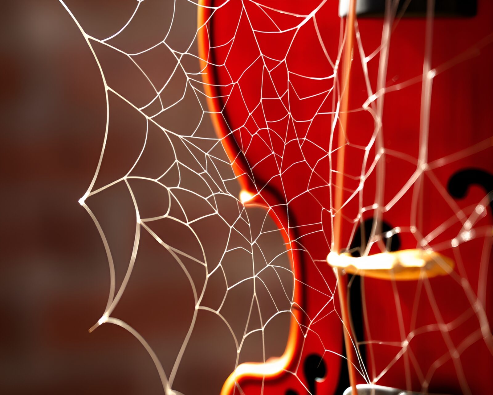 Violin entangled in delicate cobwebs under brick-red glow.