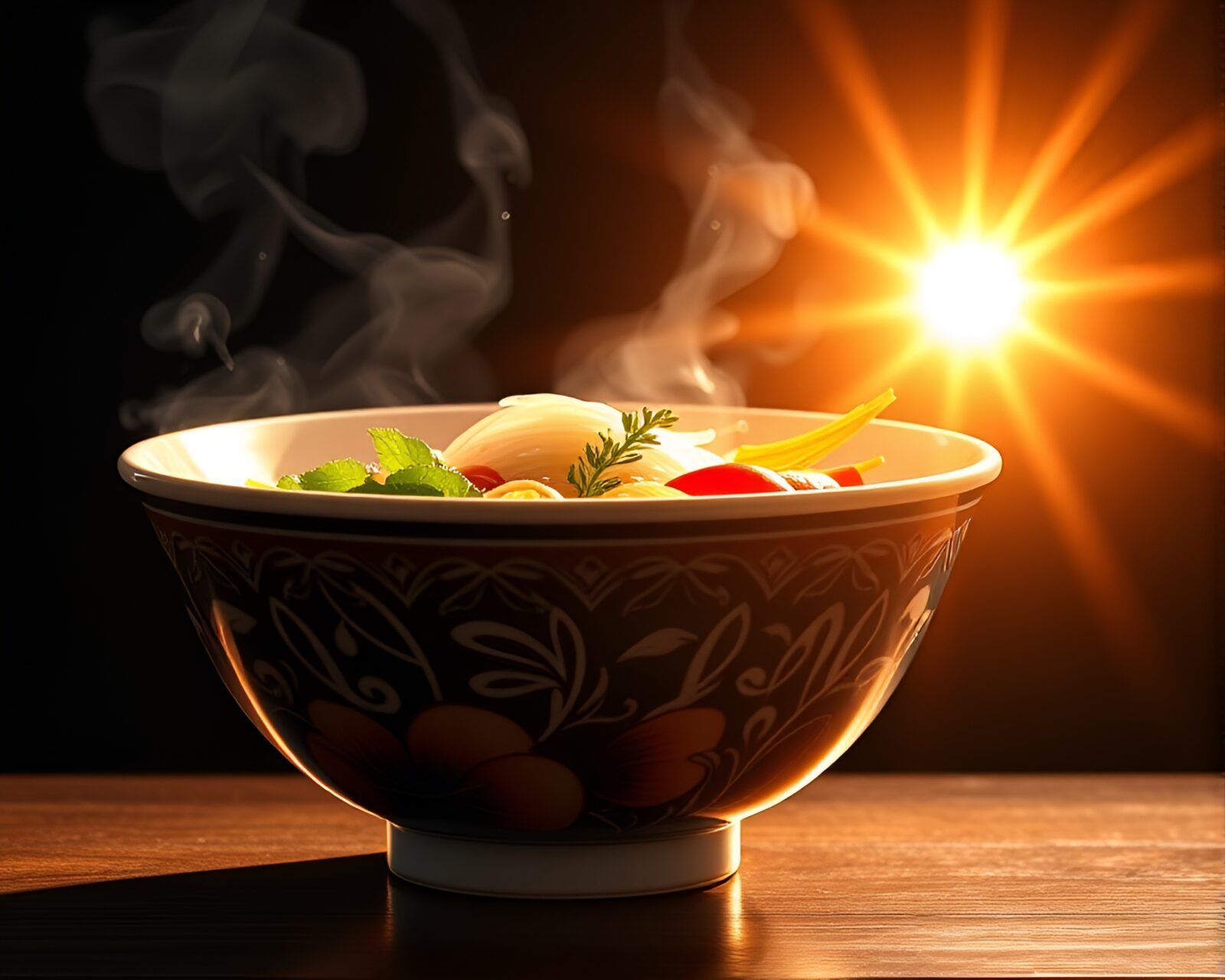 Vibrant ramen bowl with acrylic splatters under intense sunlight