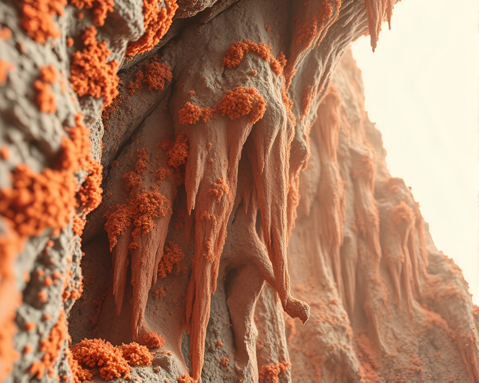 Warmly lit chalk drawing of intricate cave formations