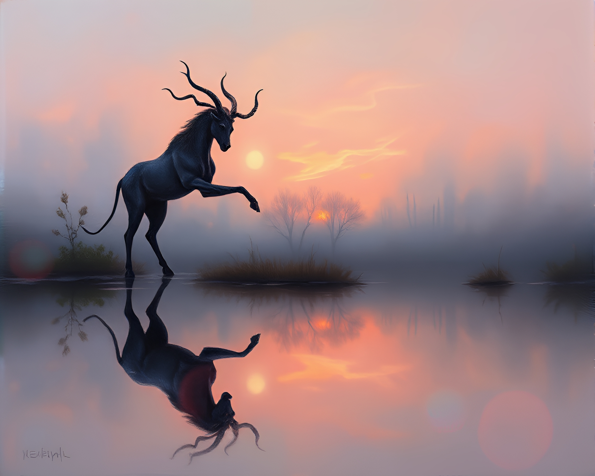 Digital Twilight Satyr Double Reflection Oil Painting – free AI stock image