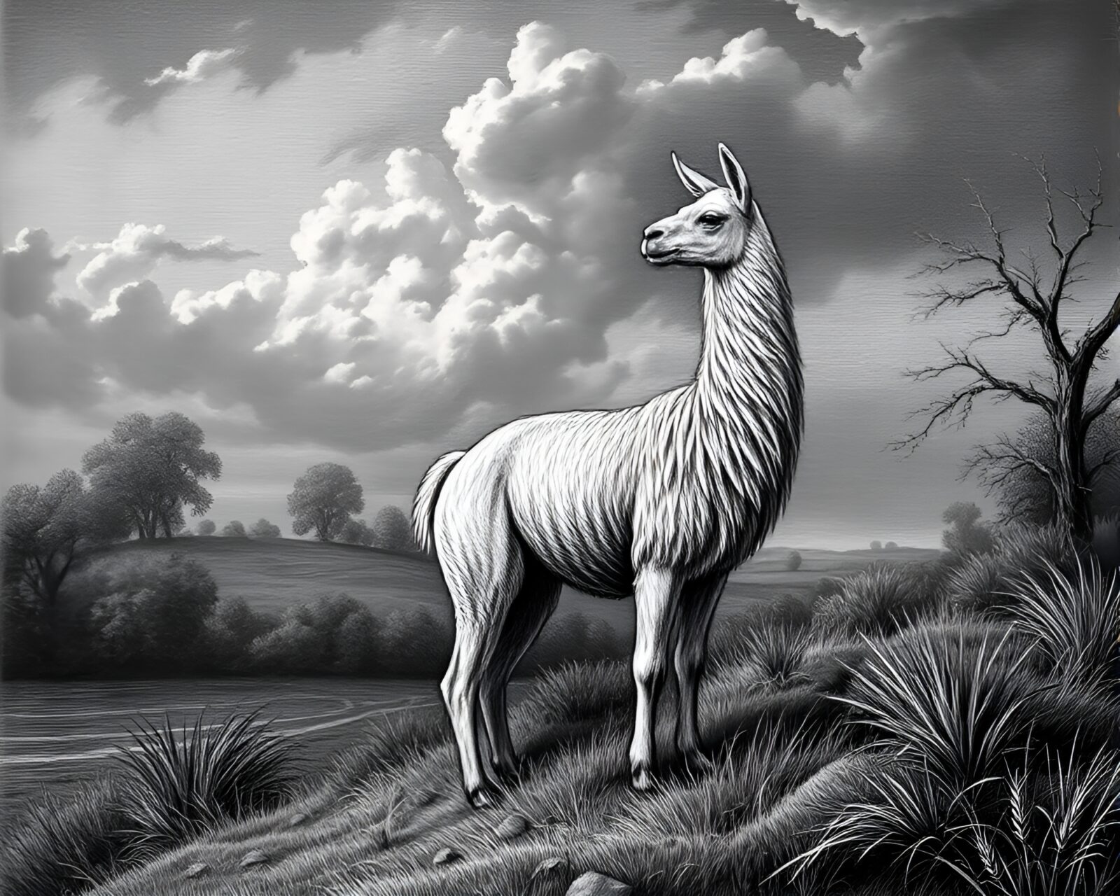 Surreal landscape etching of llama under CRT flickers