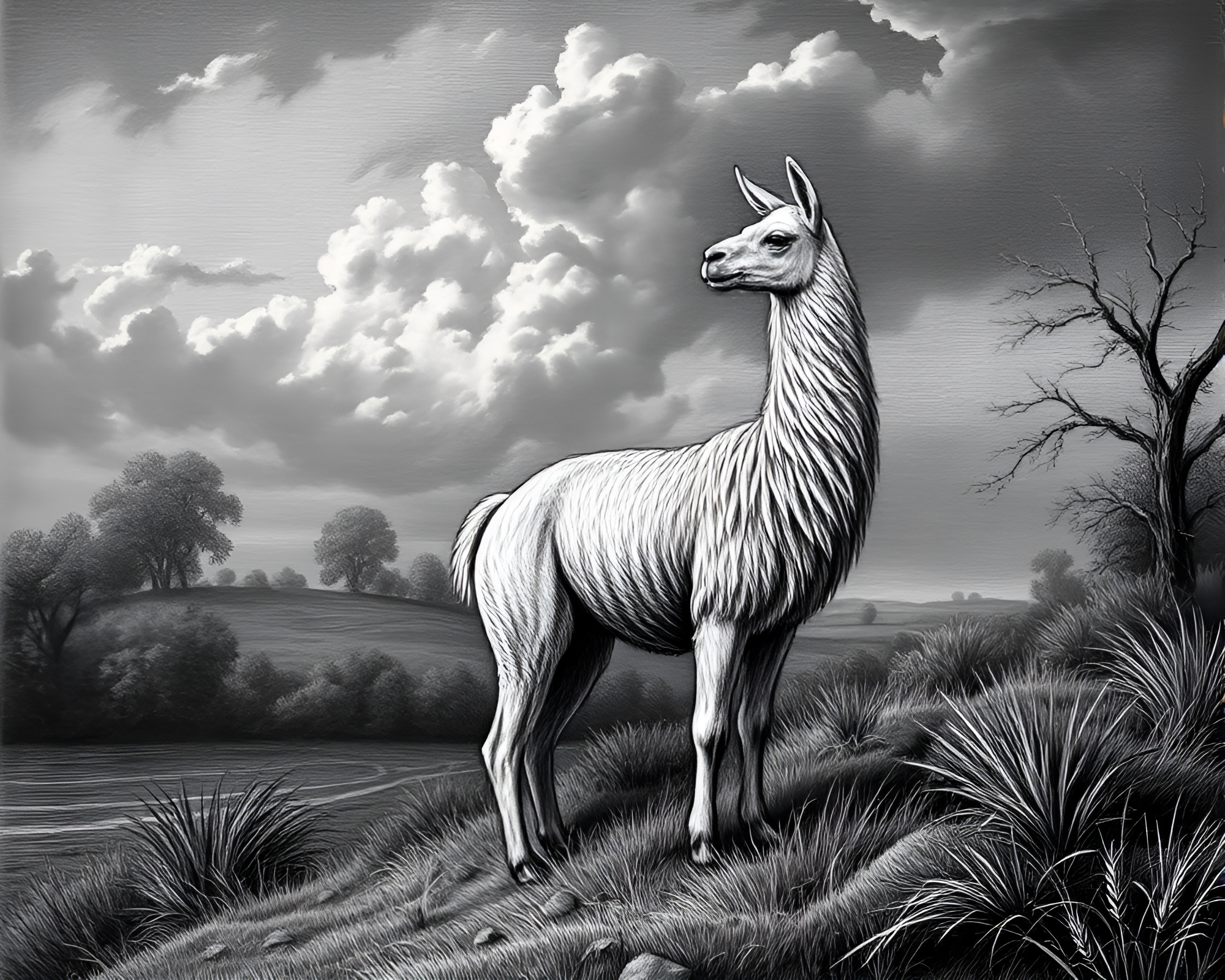 Eccentric Dutch Angle Landscape with Enigmatic Llama – free AI stock image