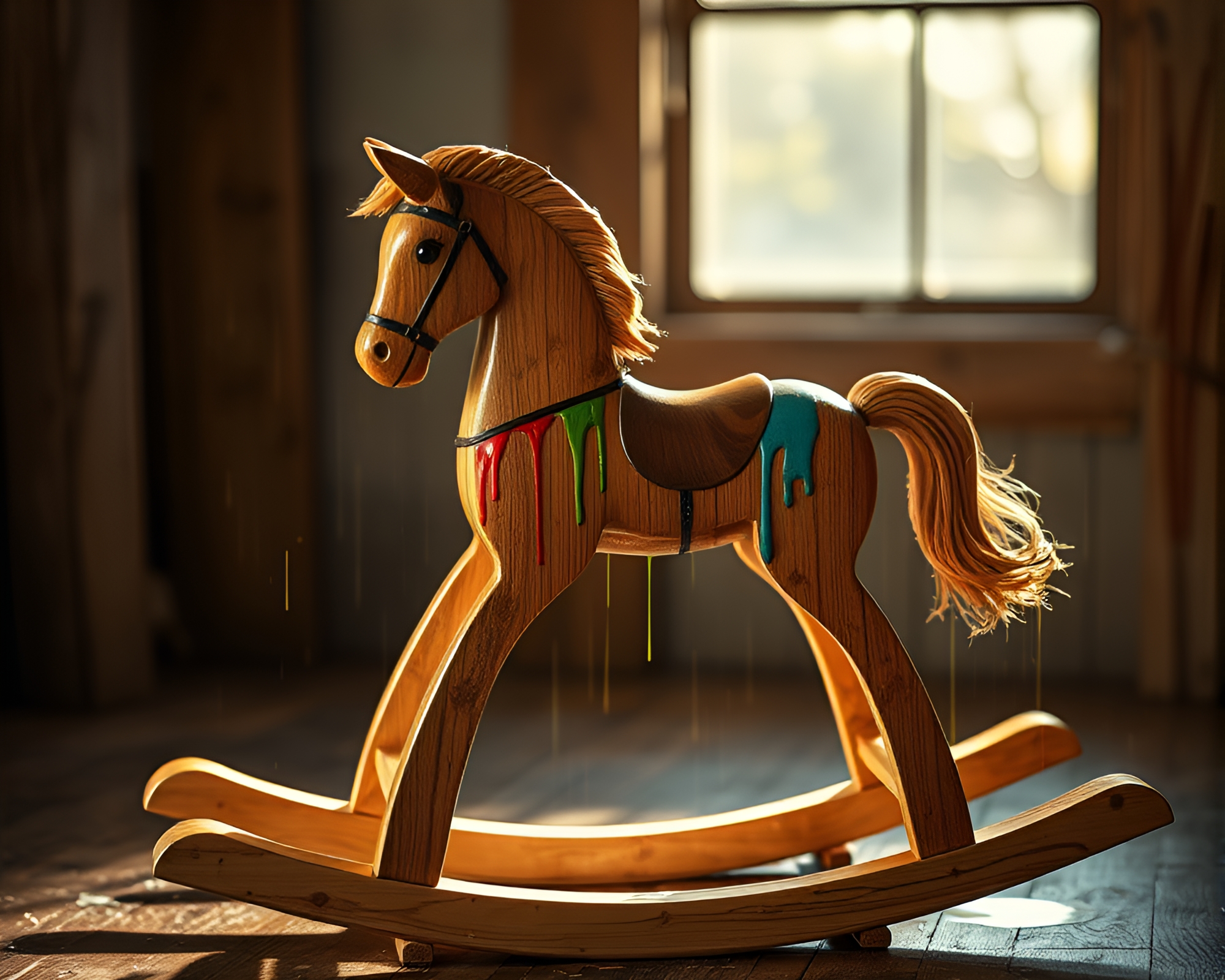 Vibrant Paint Drips on Wooden Rocking Horse – free AI stock image