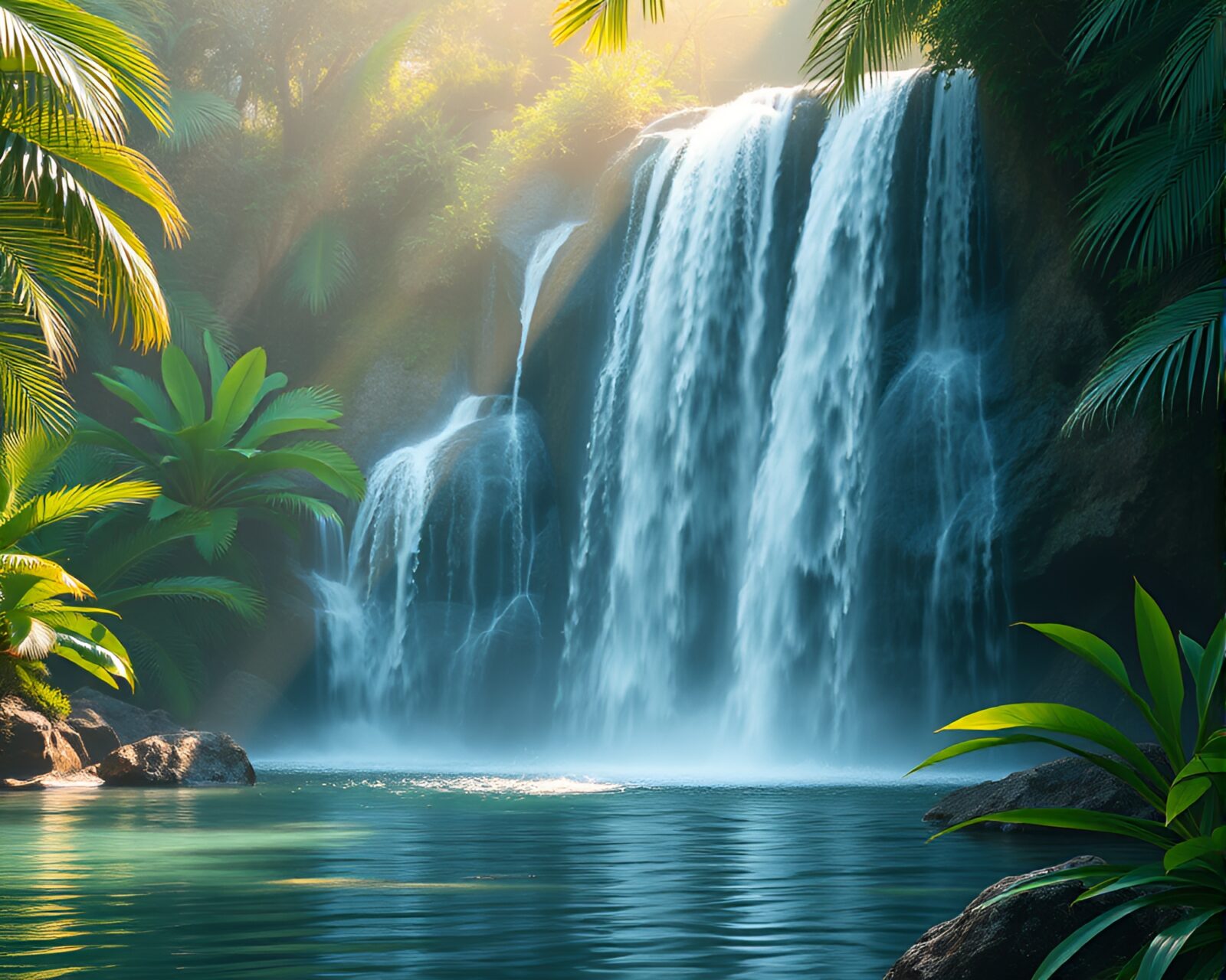 Colorful cascading waterfall surrounded by lush greenery and unique shading strokes