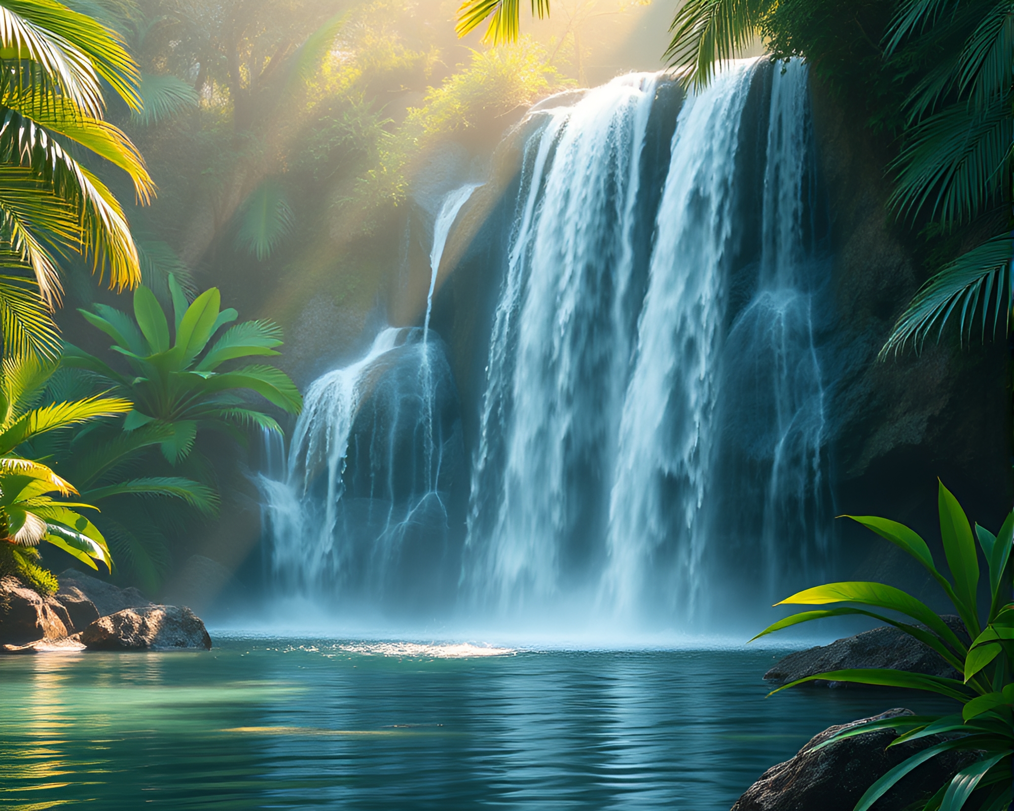 Vibrant Tropical Waterfall with Fluid Shading Strokes – free AI stock image