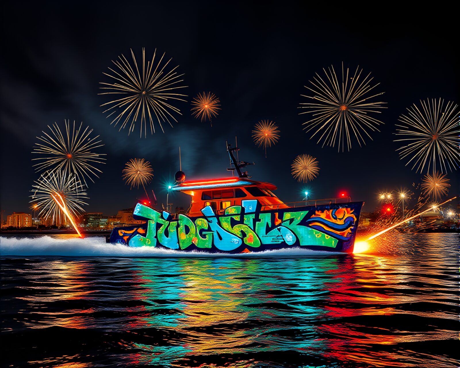 Colorful graffiti mural featuring glowing hydrofoil boat and fireworks