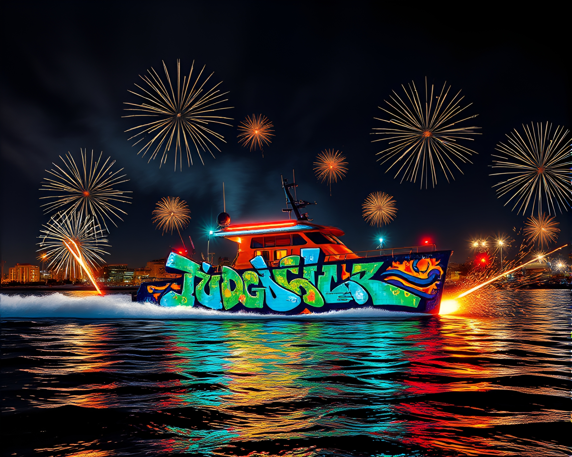 Vibrant Line Art Hydrofoil Boat Festival Mural – free AI stock image