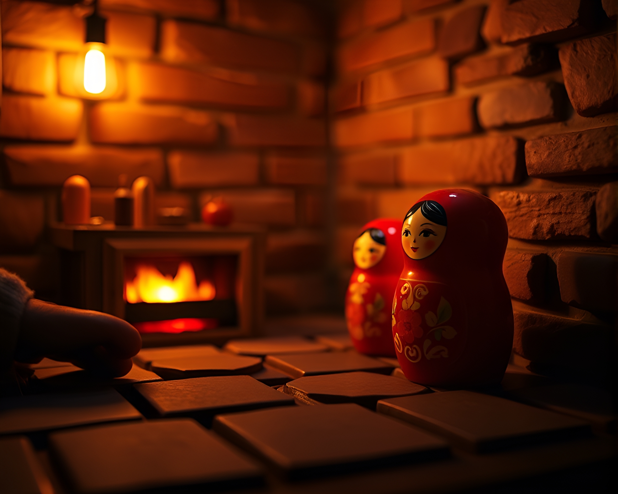 Matryoshka Doll Depth Layering by Fireplace Light – free AI stock image