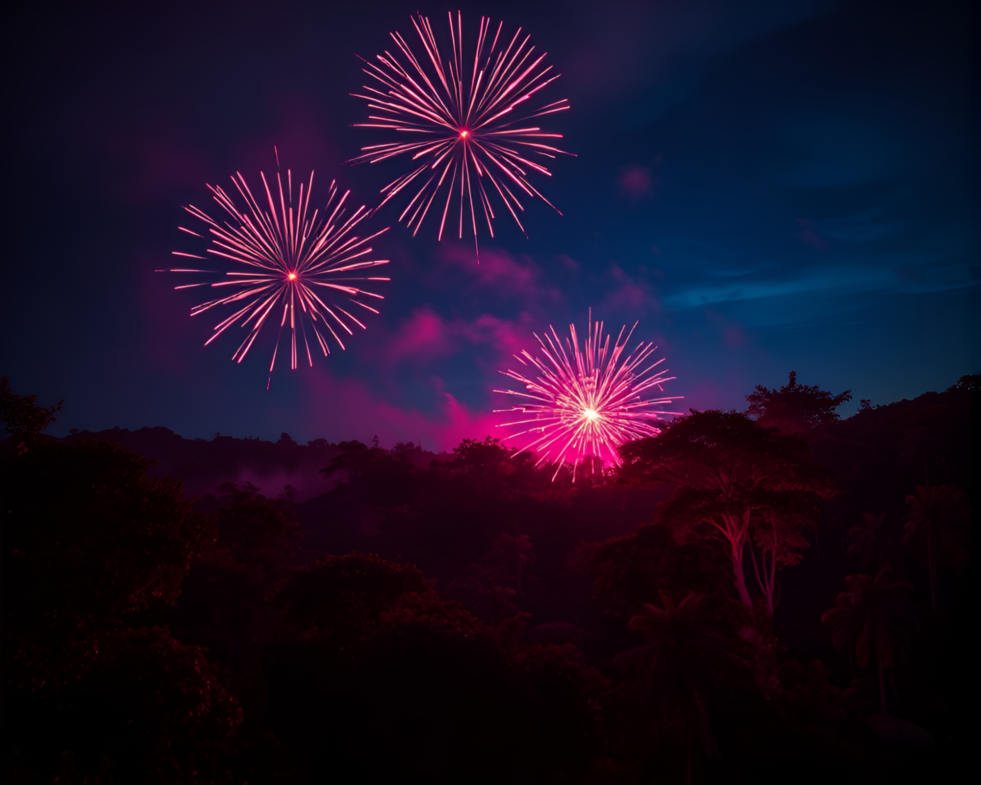 Sunrise Fireworks in Lush Rainforest Canopy – free AI stock image