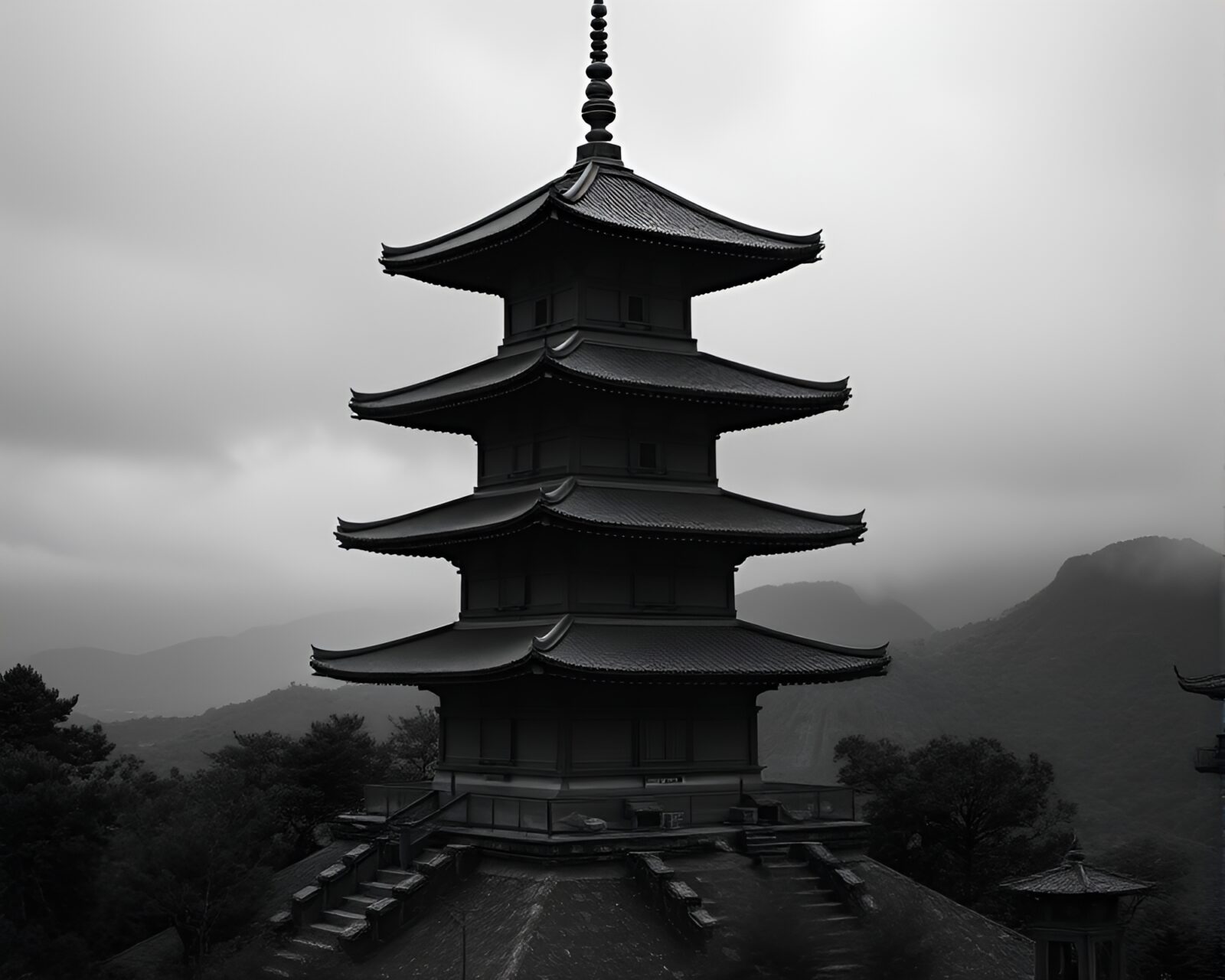 Eerie pagoda shrouded in volcanic ash under moonlight