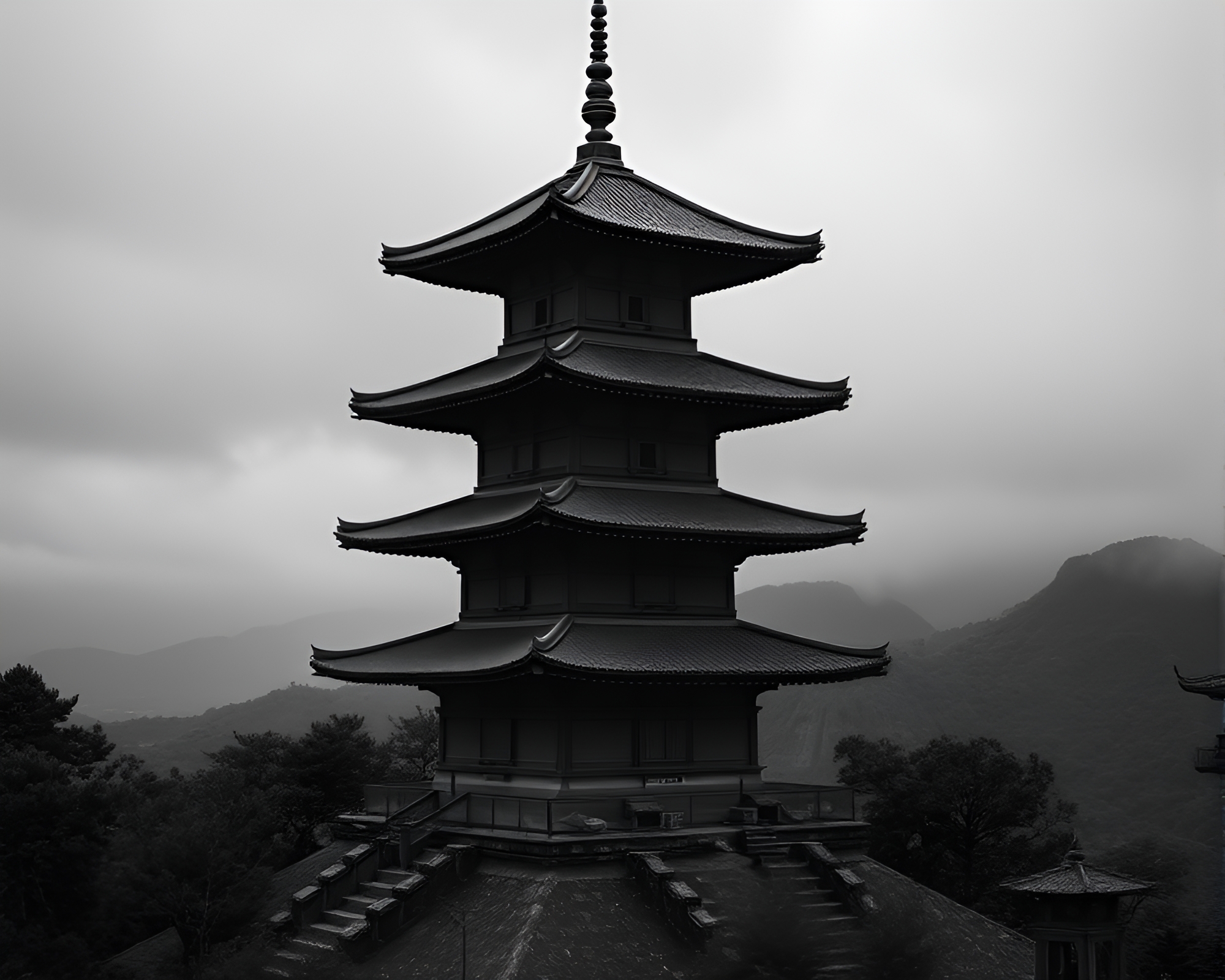 Mystic Pagoda Amidst Volcanic Ash Veil – free AI stock image