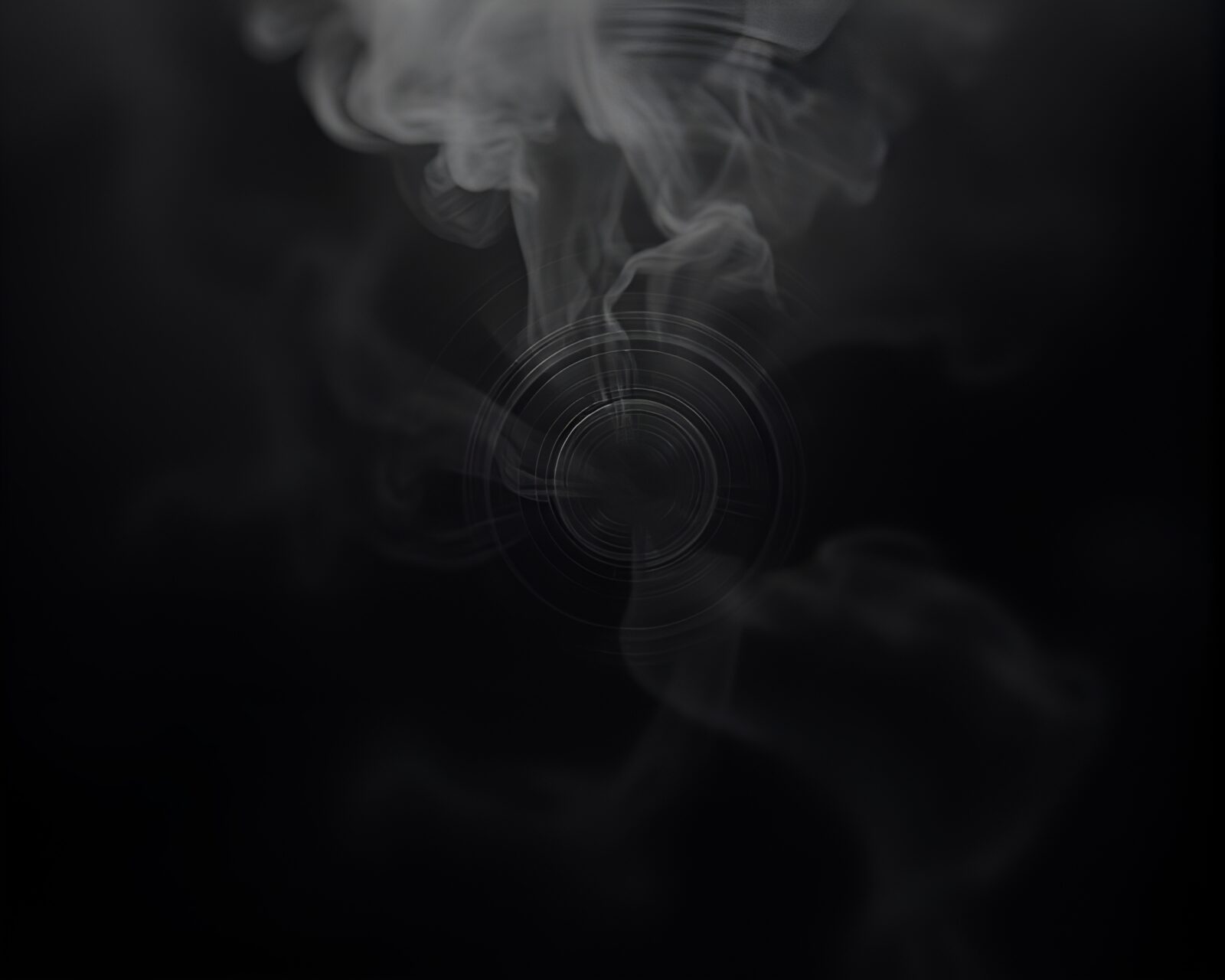 Ethereal smoke rings floating in dark mirrored labyrinth