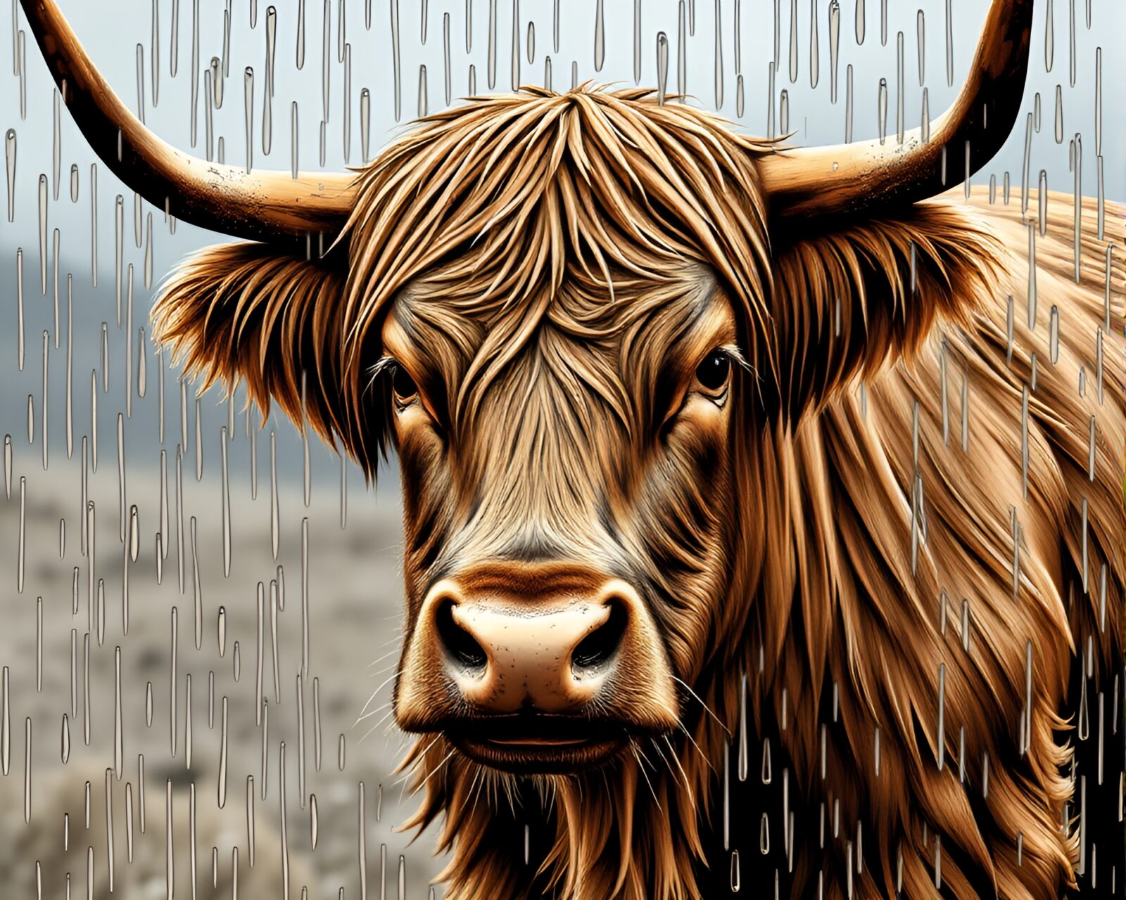 Highland cow statue with halftone pattern finish in the rain