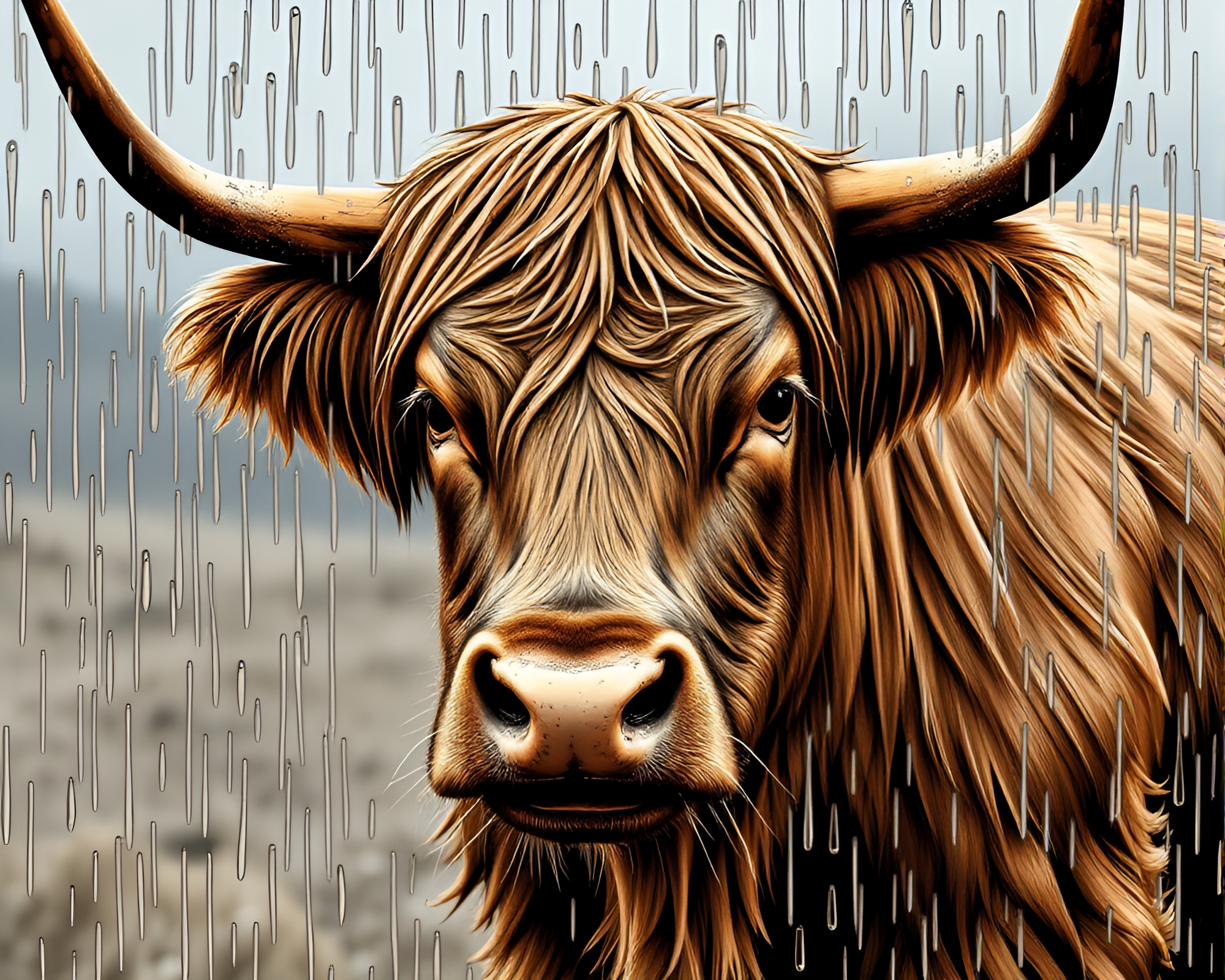 Rainy Reflections: Highland Cow in Bronze Patina – free AI stock image