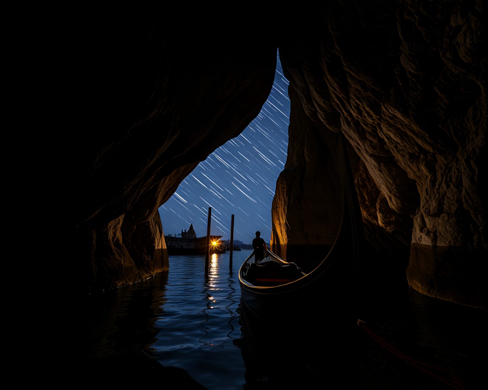 Telephoto shot of a Venetian gondola under star trails