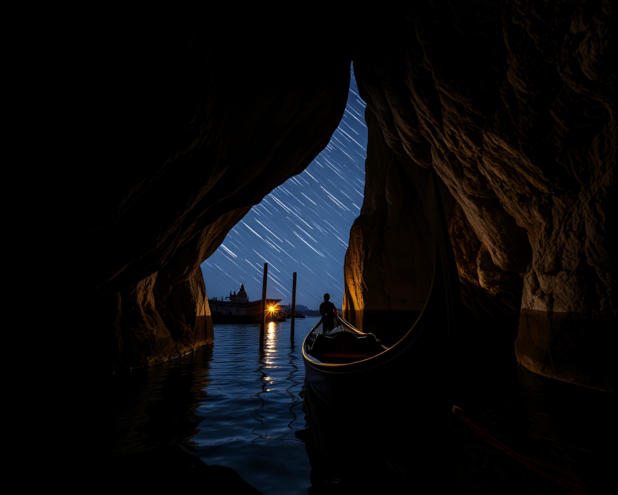 Starry Night Gondola Ride through Dark Cave Entrance – free AI stock image